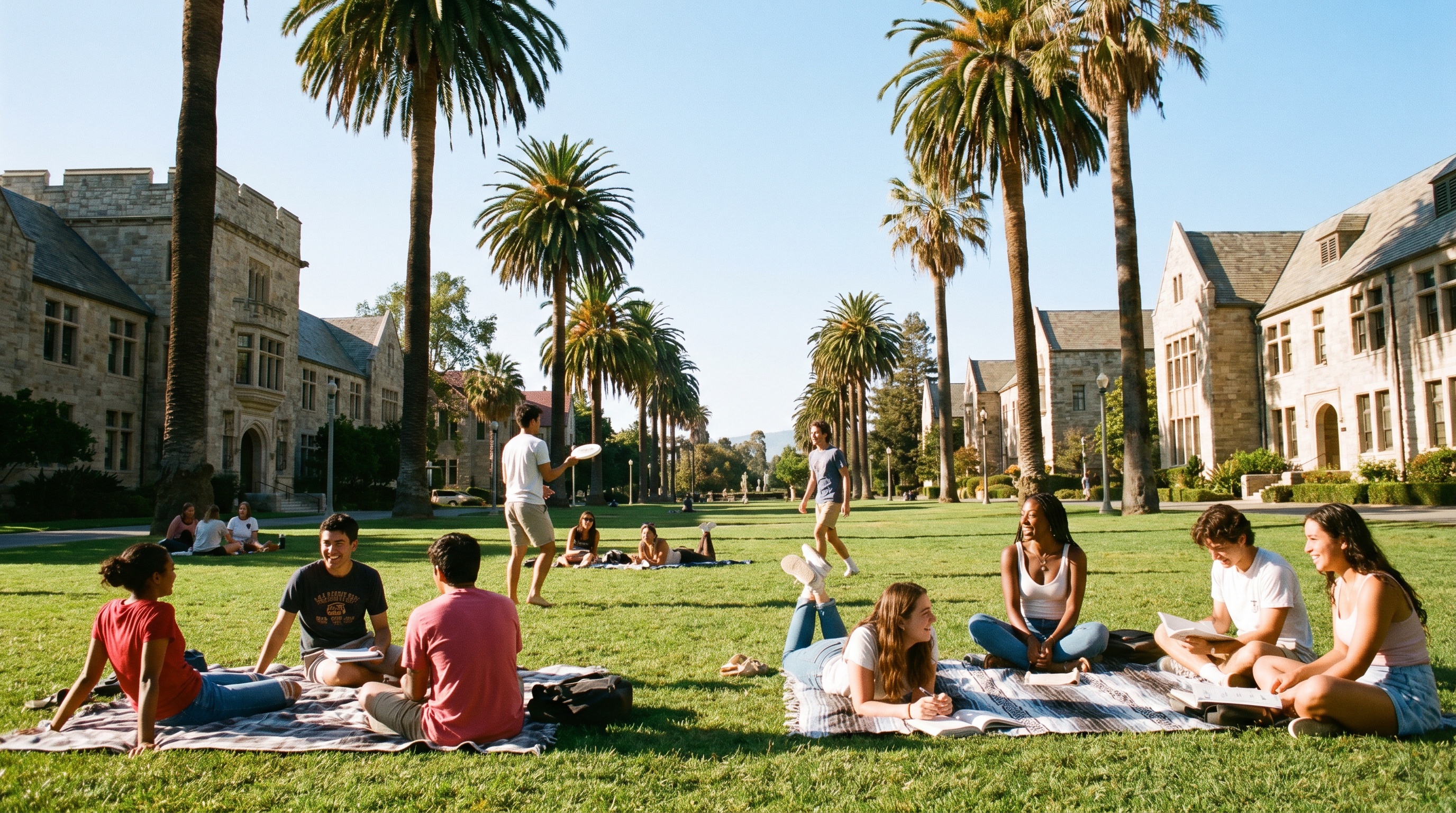 College students enjoying sunny weather on campus with palm trees and clear skies