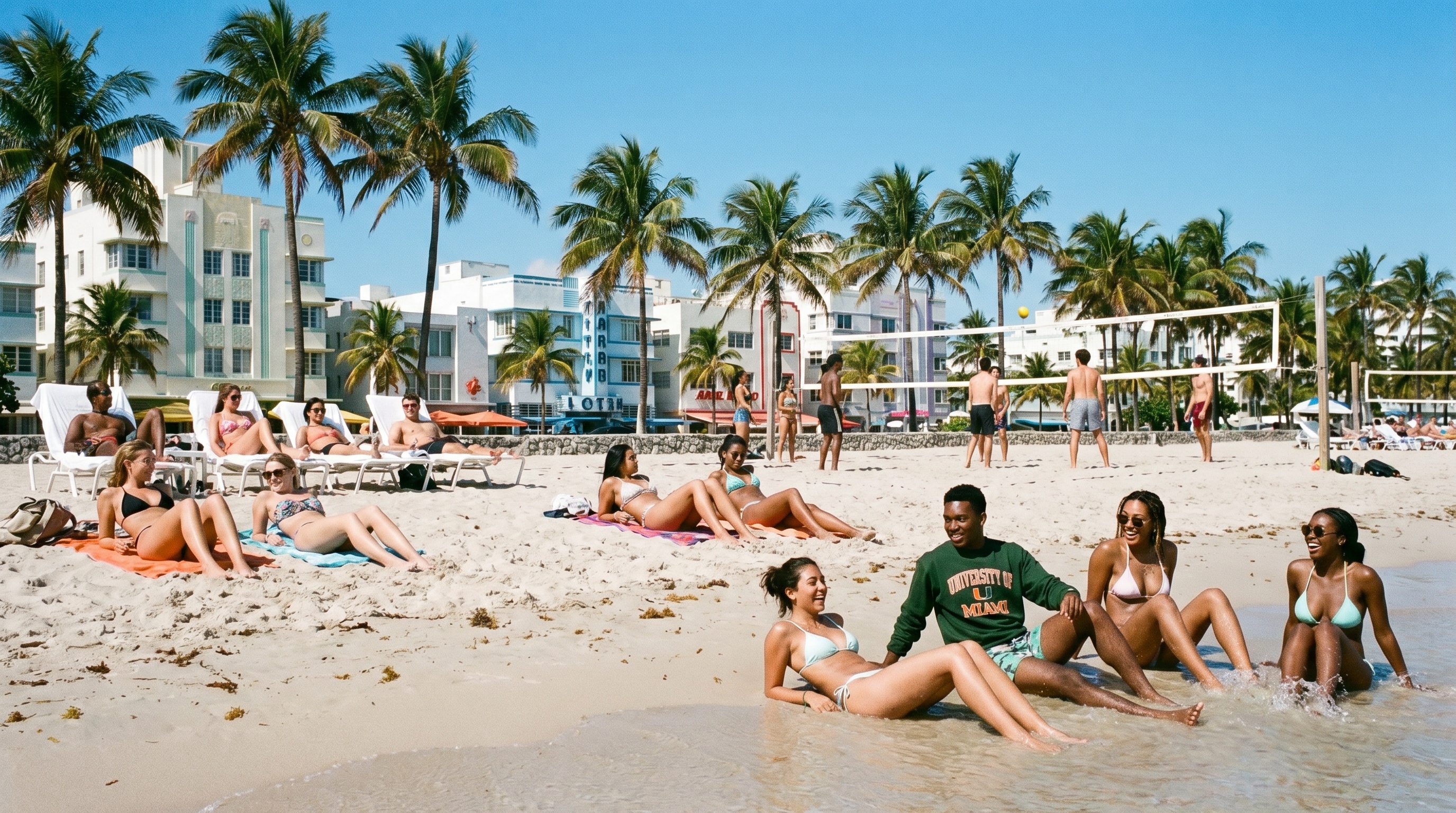Students relaxing by a pool or beach in Florida with sunny skies