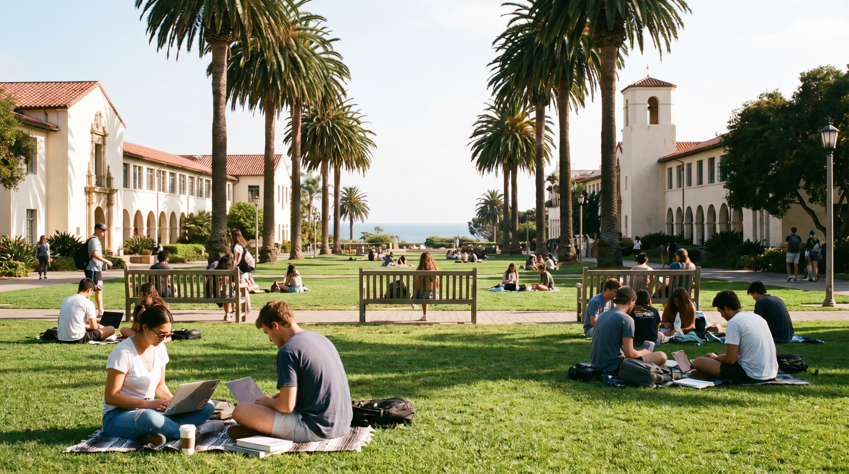 Students studying outdoors at a California university campus with palm trees