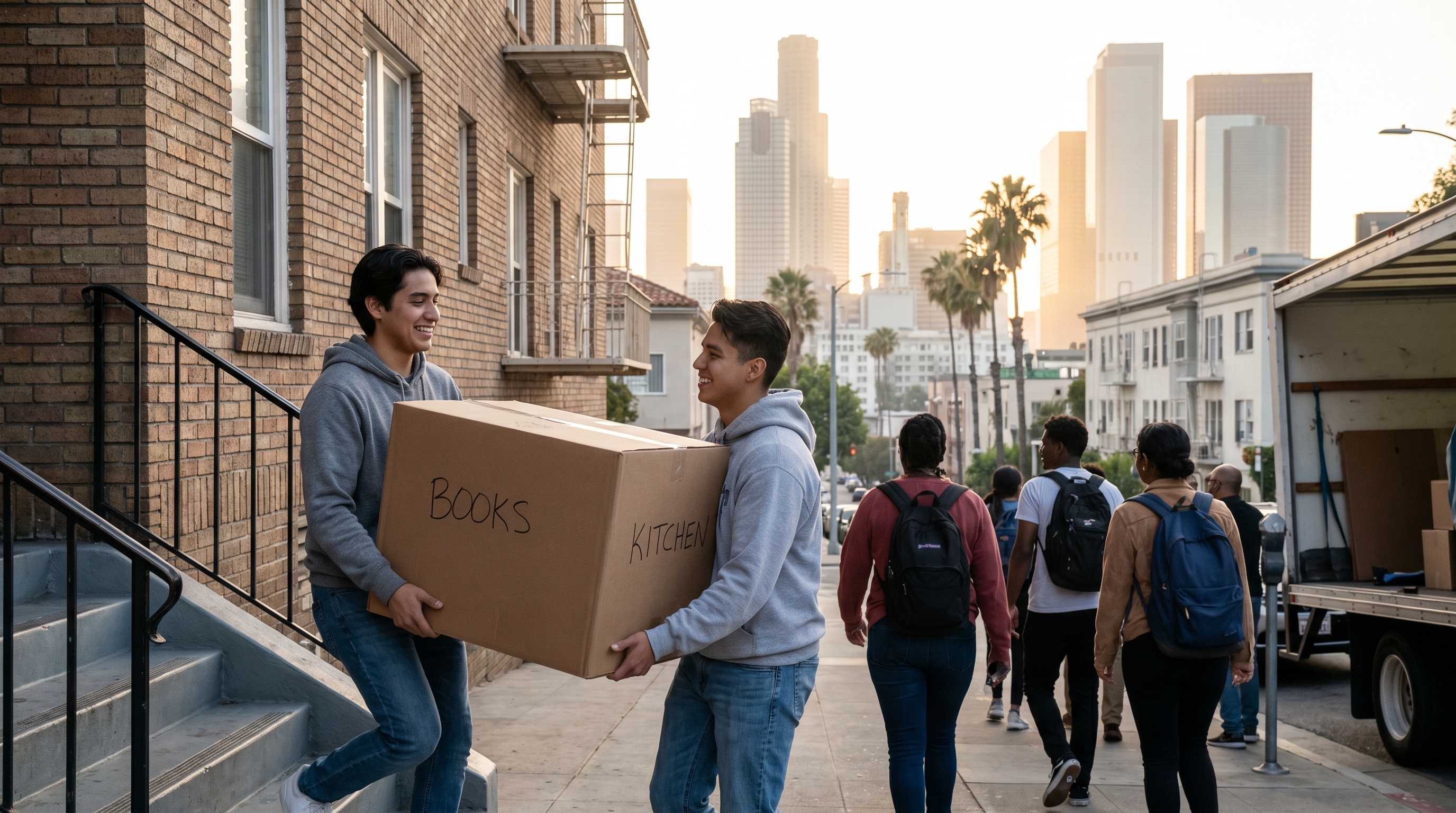 College students with moving boxes in urban setting