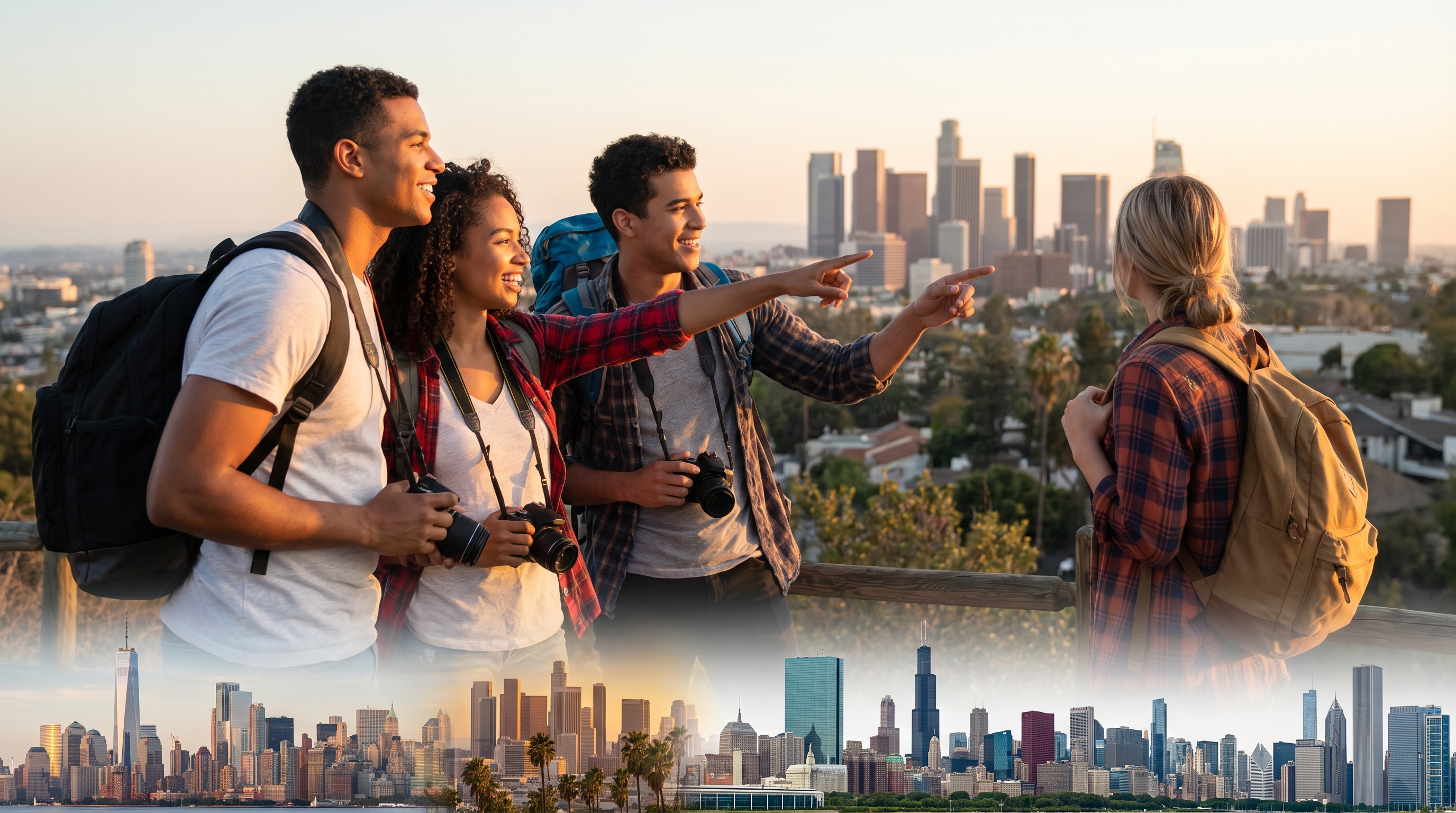 Aerial view of major US cities skylines collage