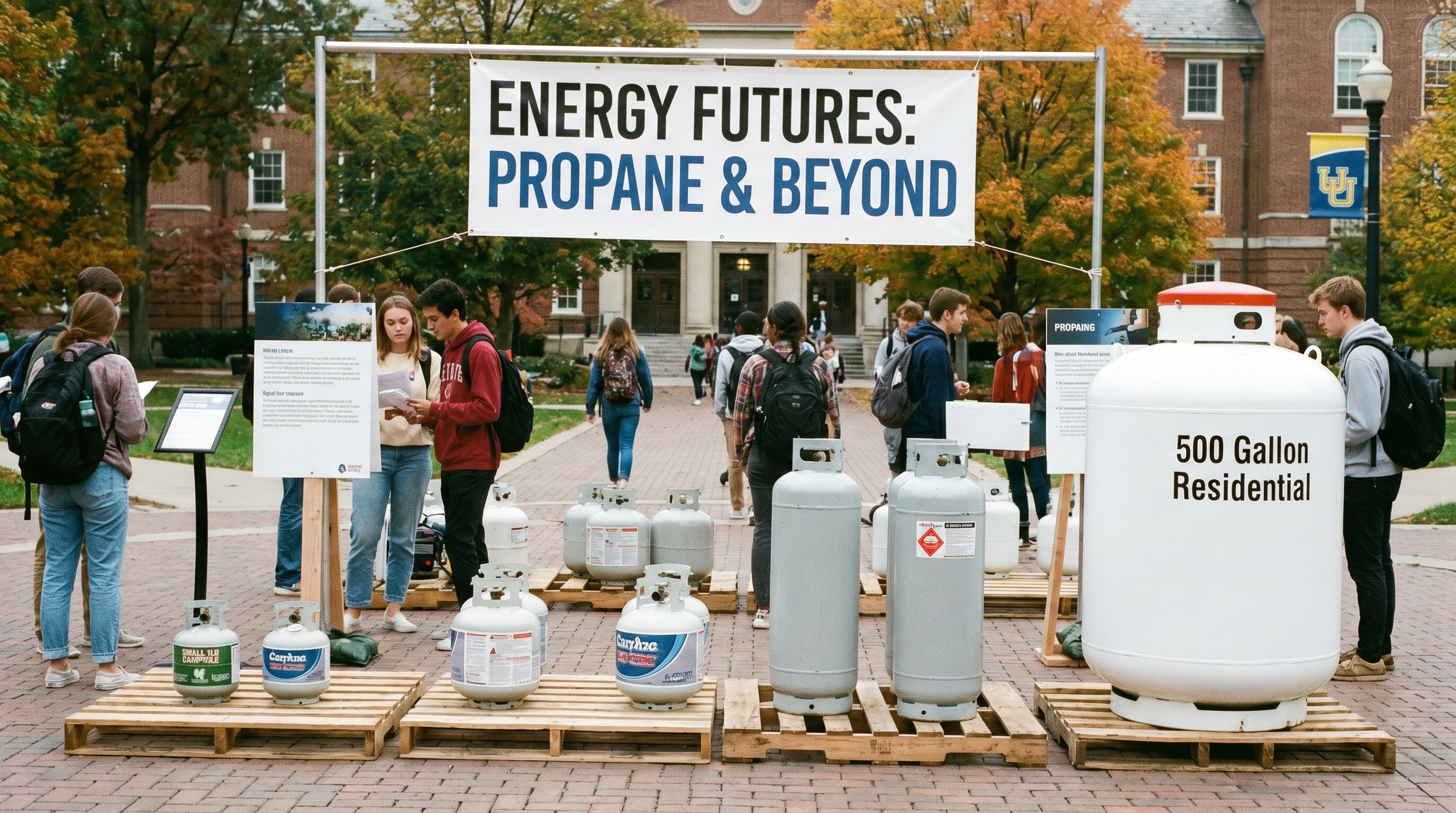 different sized propane tanks displayed on college campus