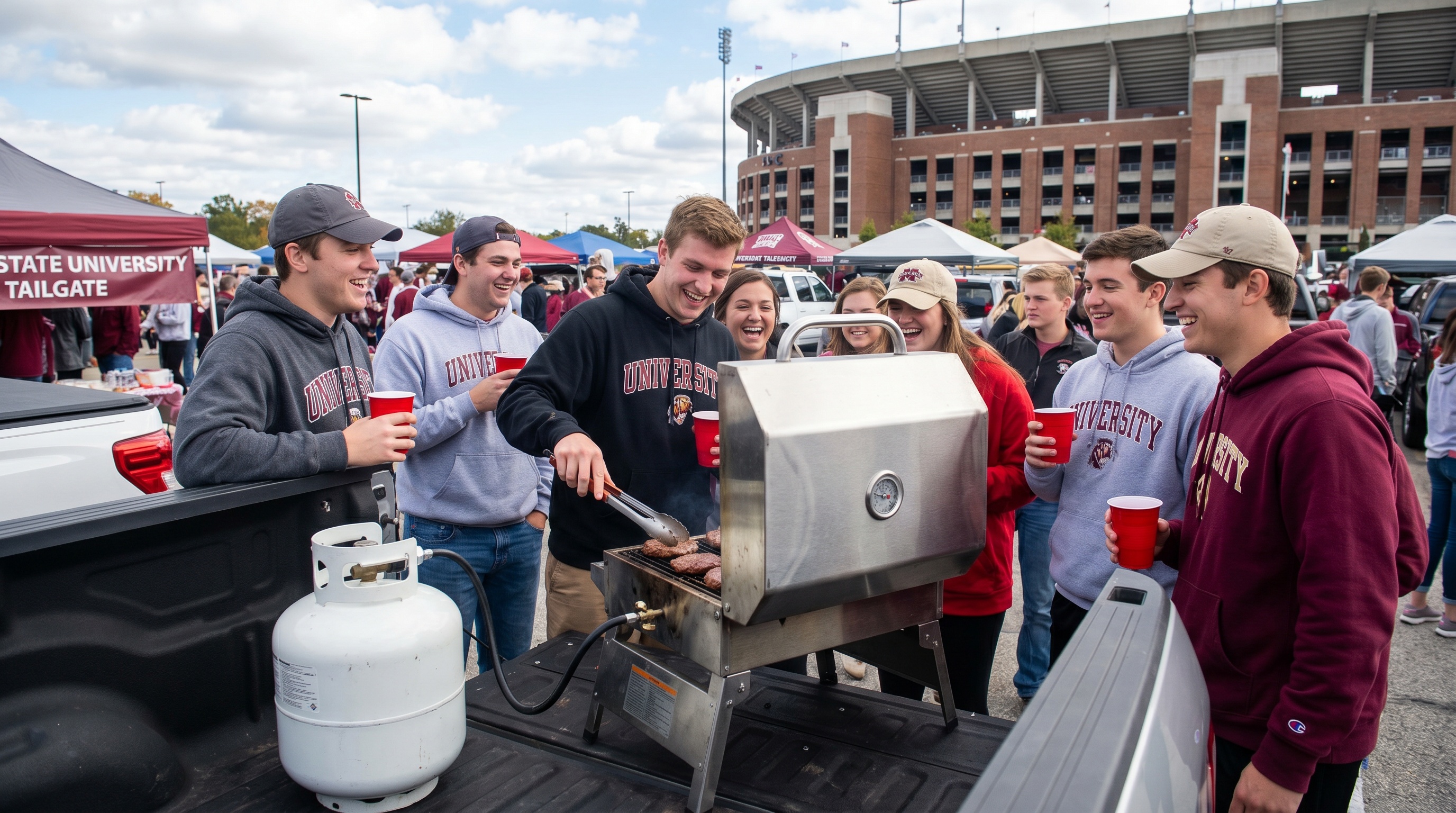 college students grilling with propane tank at tailgate party