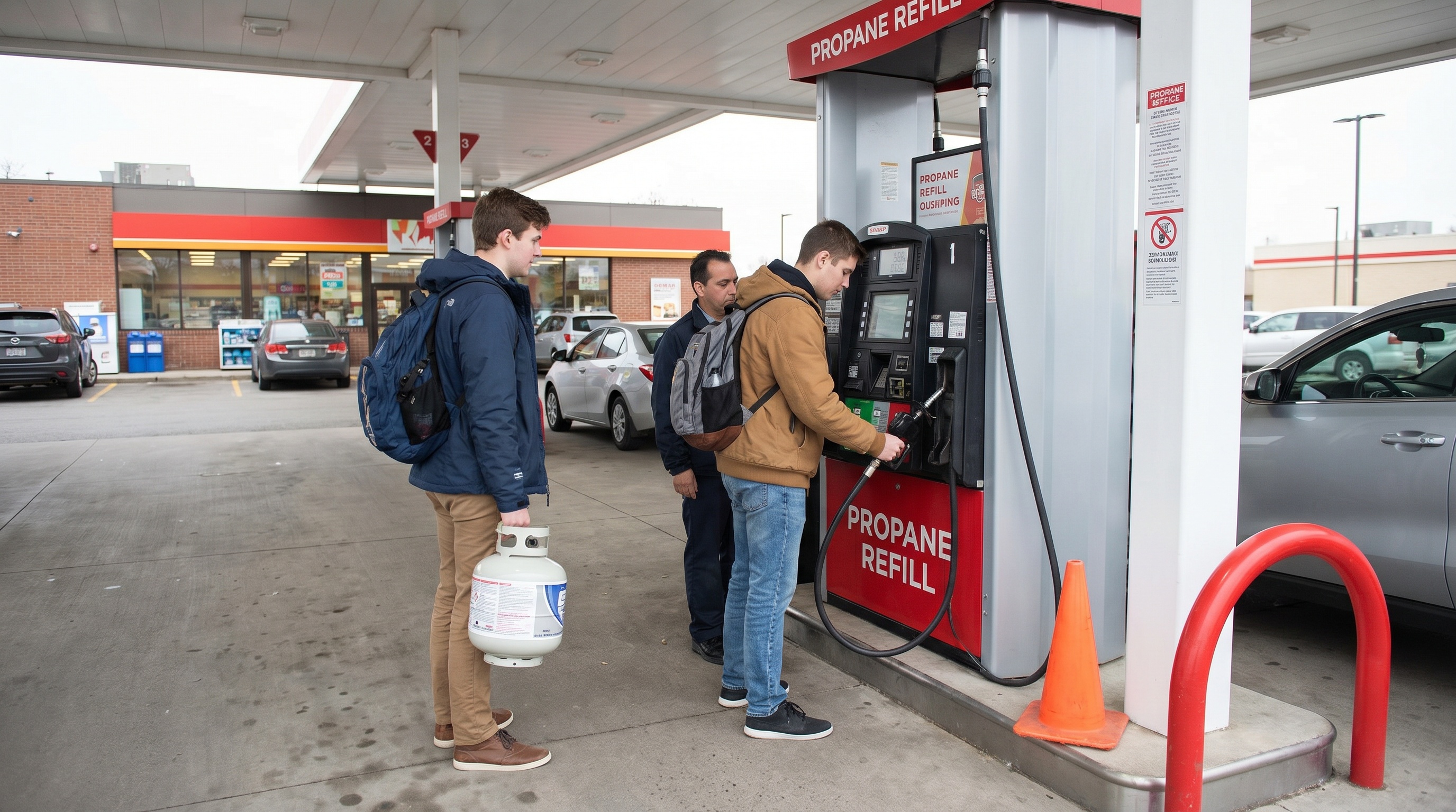 students refilling propane tank at service station