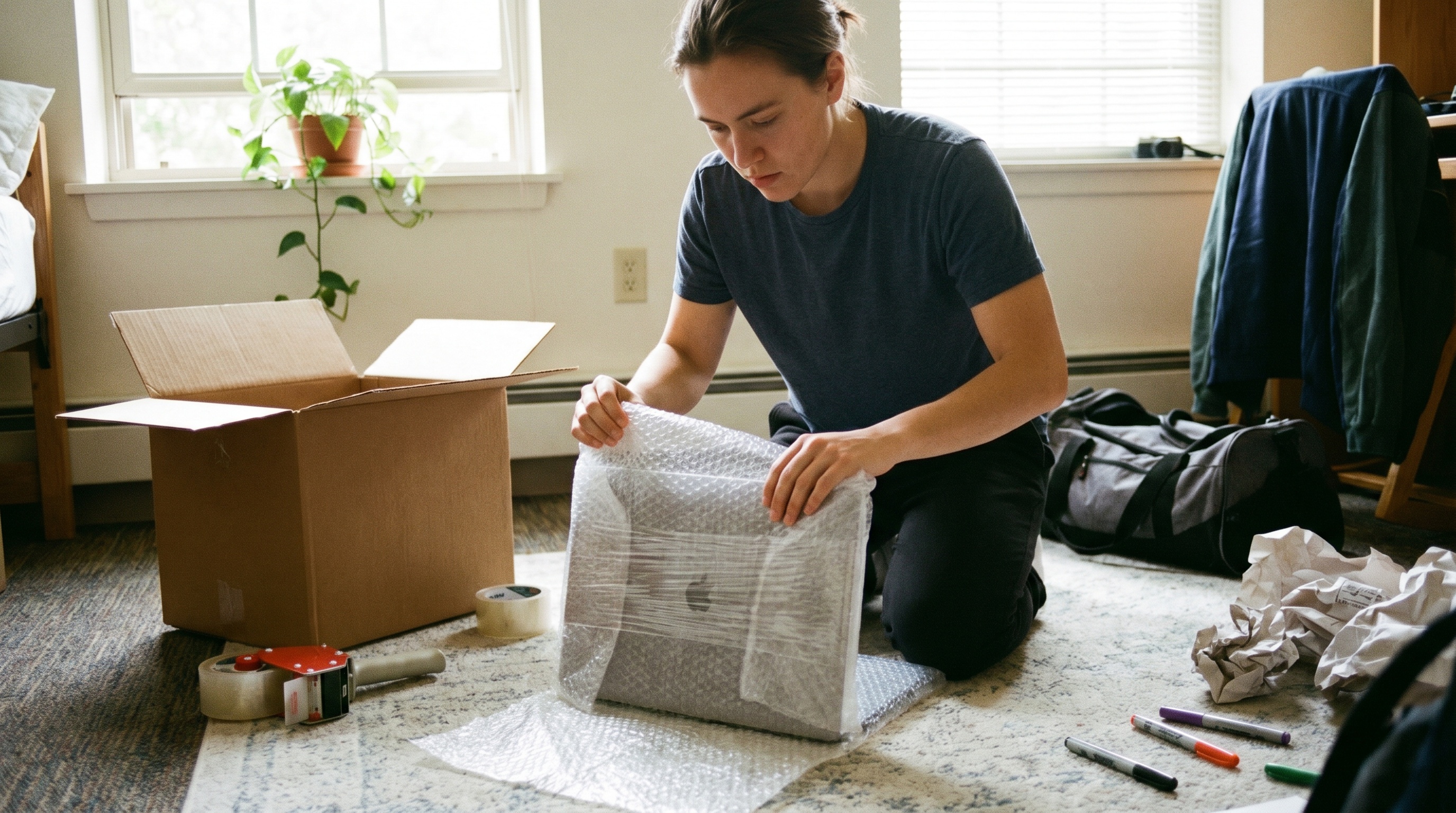 Student wrapping laptop with bubble wrap and stretch wrap