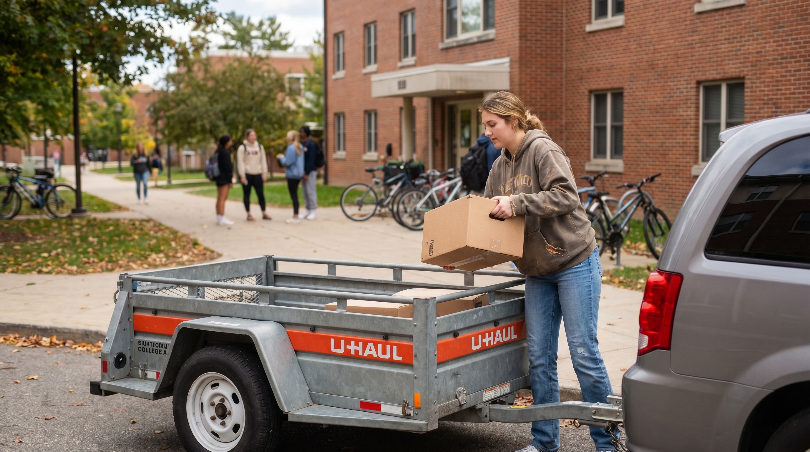 College student loading U-Haul trailer outside dorm