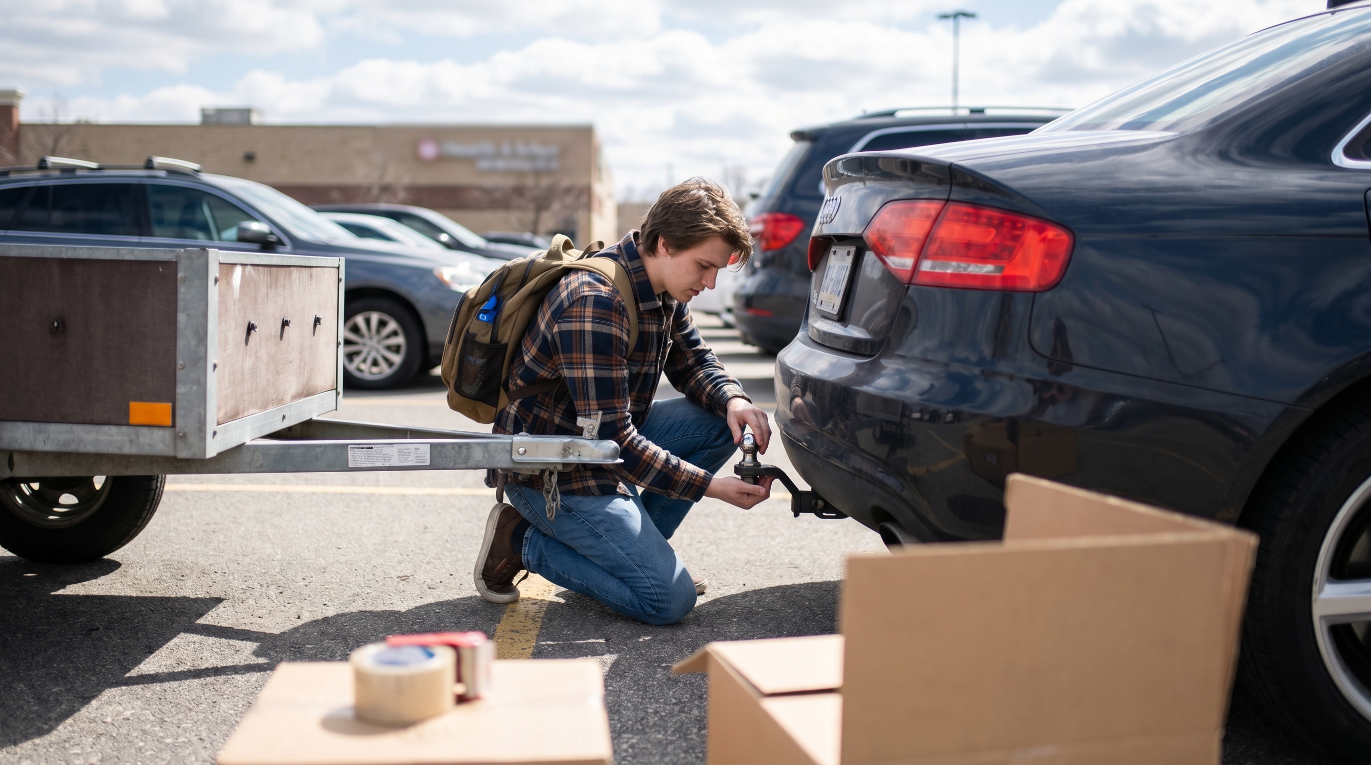 College student checking vehicle hitch before trailer rental