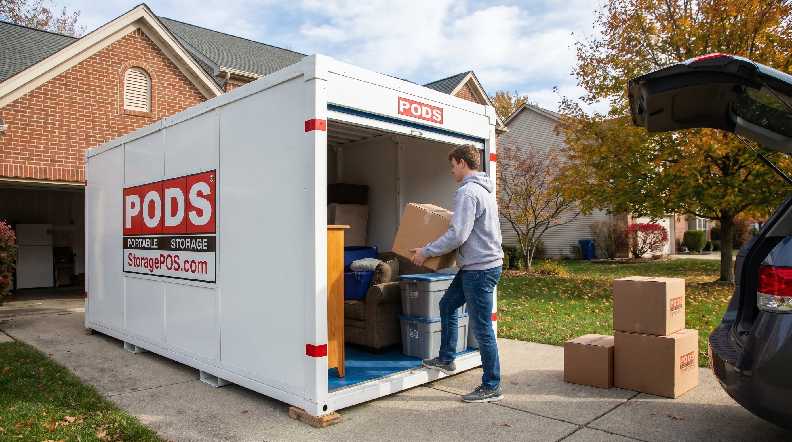 college student loading portable storage container in driveway