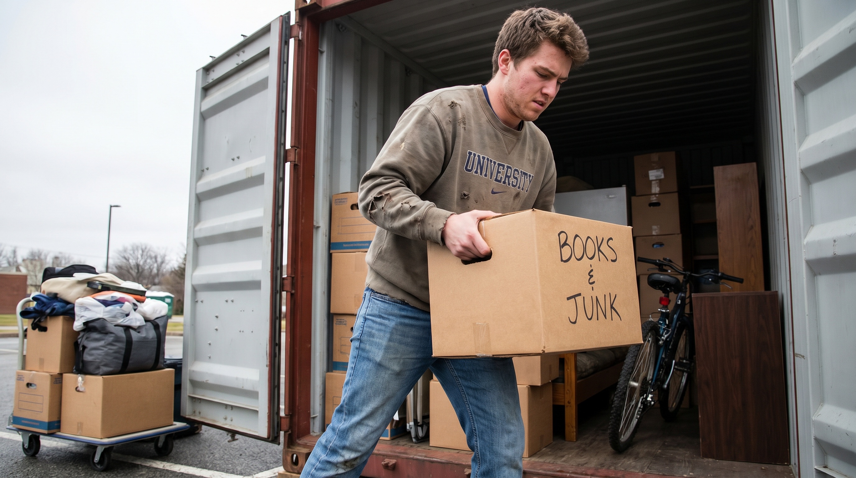 student packing boxes into storage container