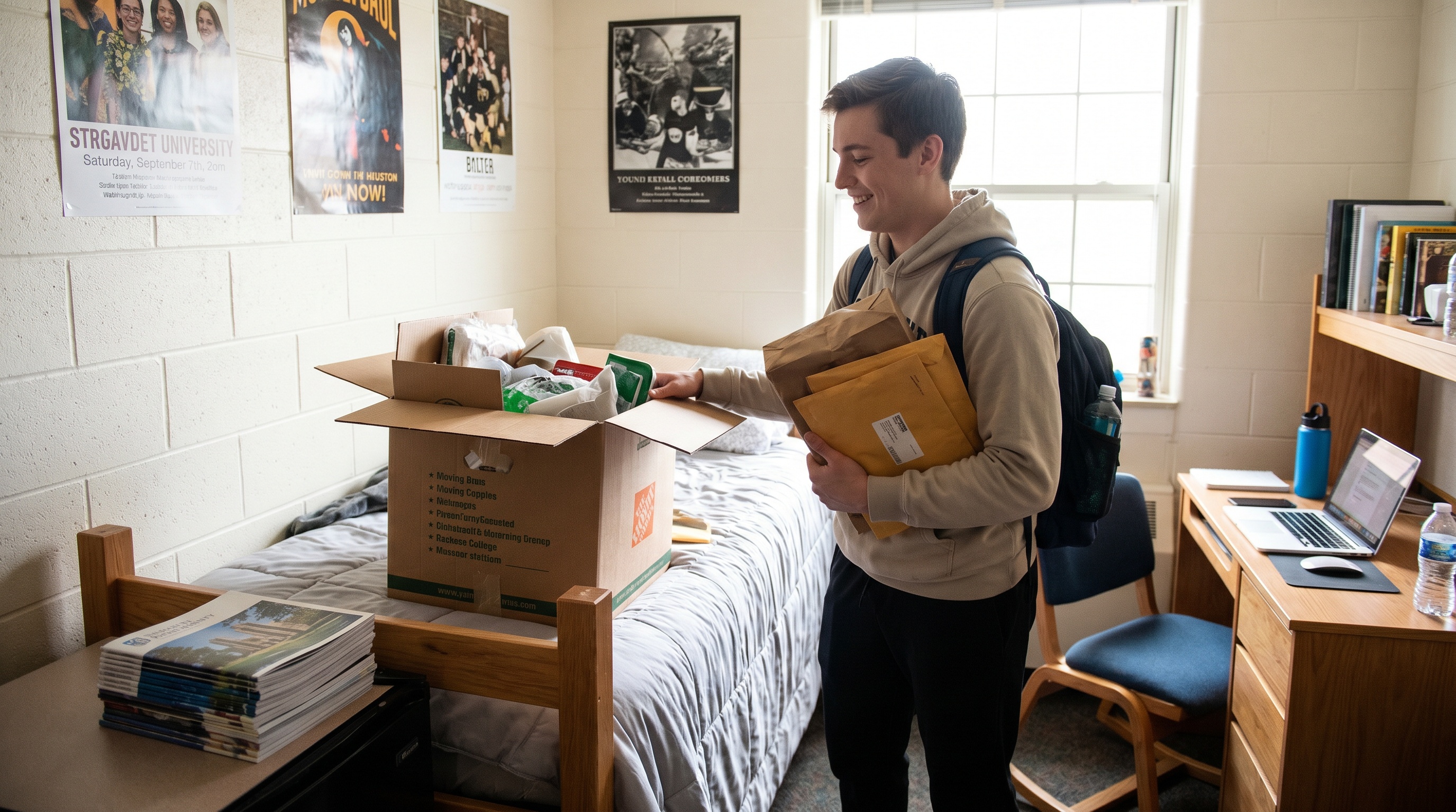 College student holding mail packages in dorm room
