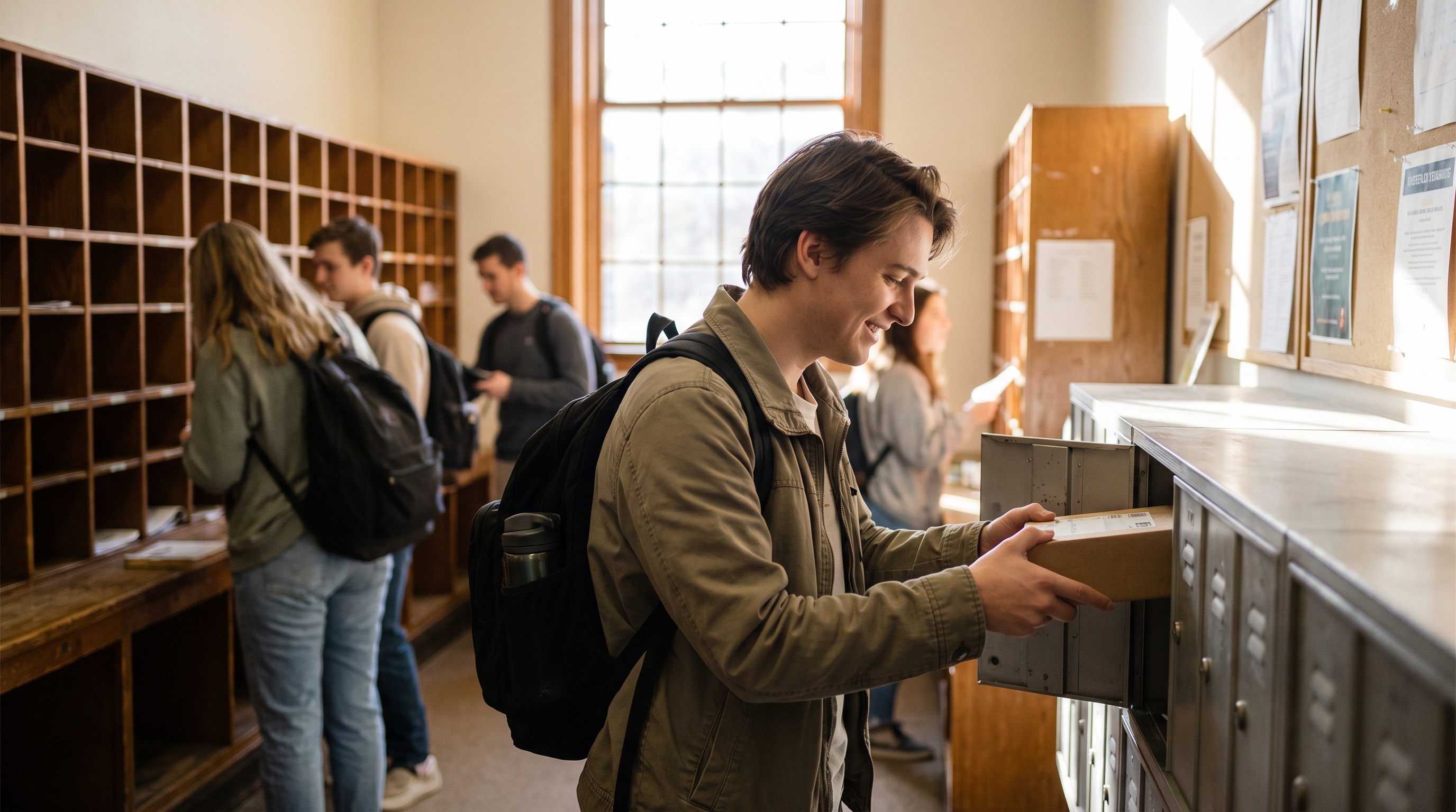 College mailboxes with student checking mail on campus