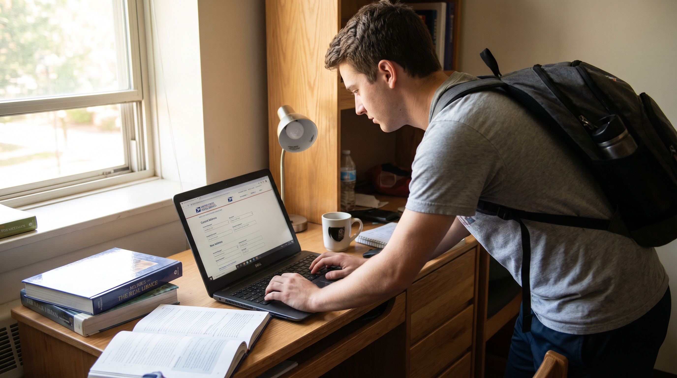 Student using laptop to fill USPS form at dorm desk