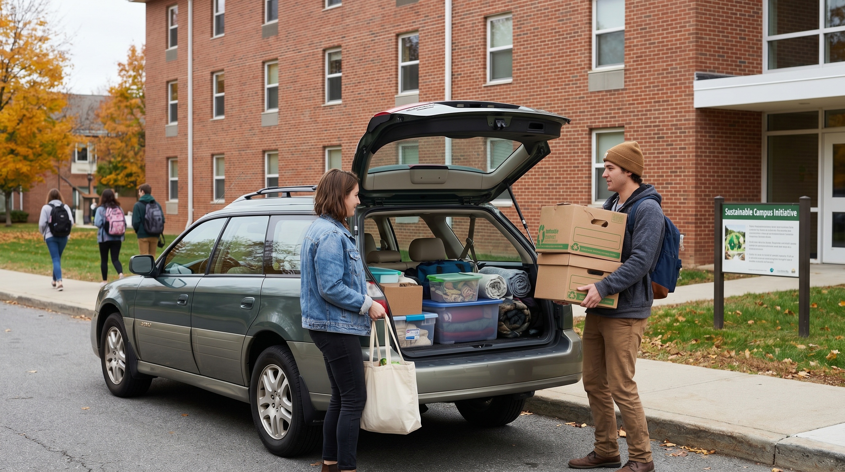 fuel-efficient moving truck on college campus with students loading boxes