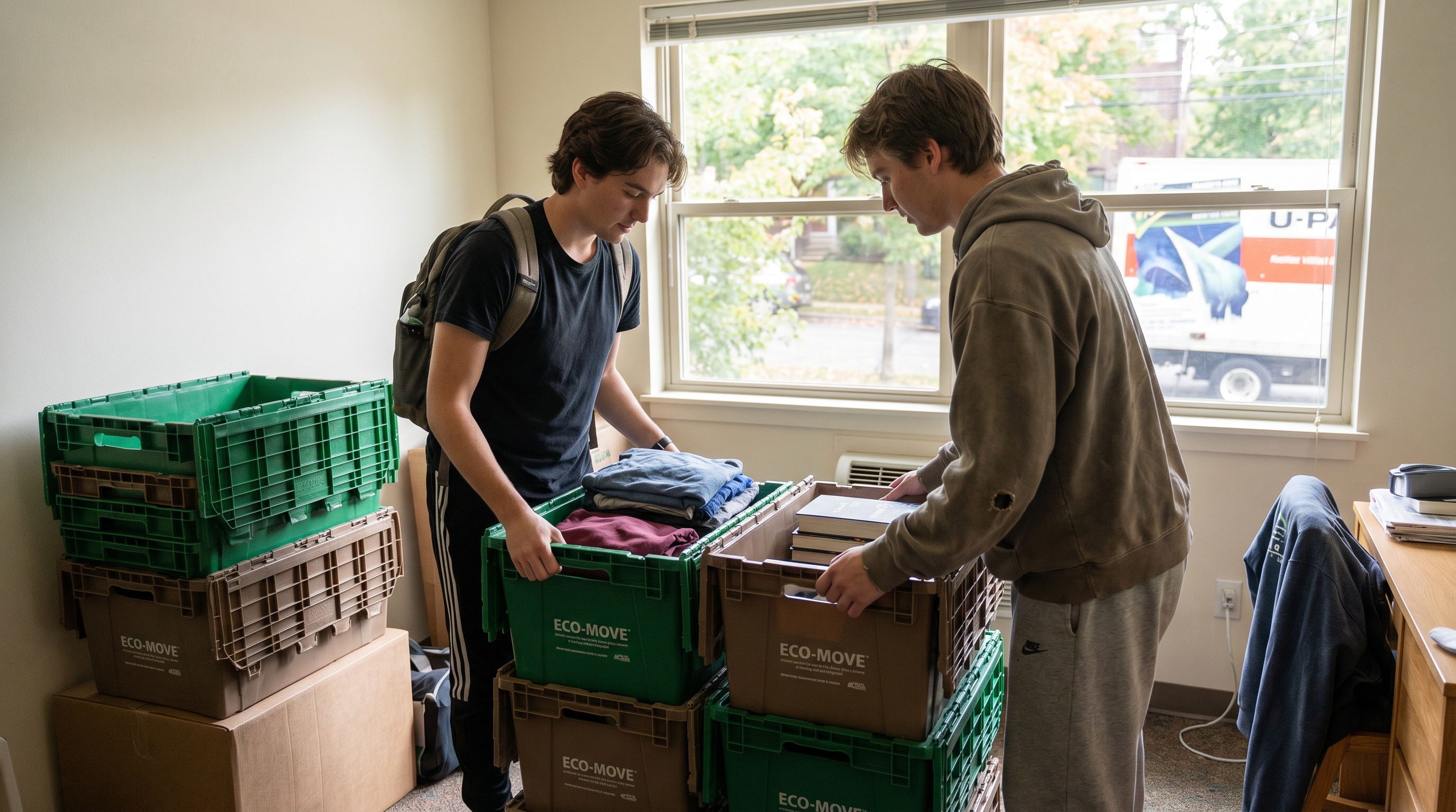 stack of reusable plastic moving containers with college items
