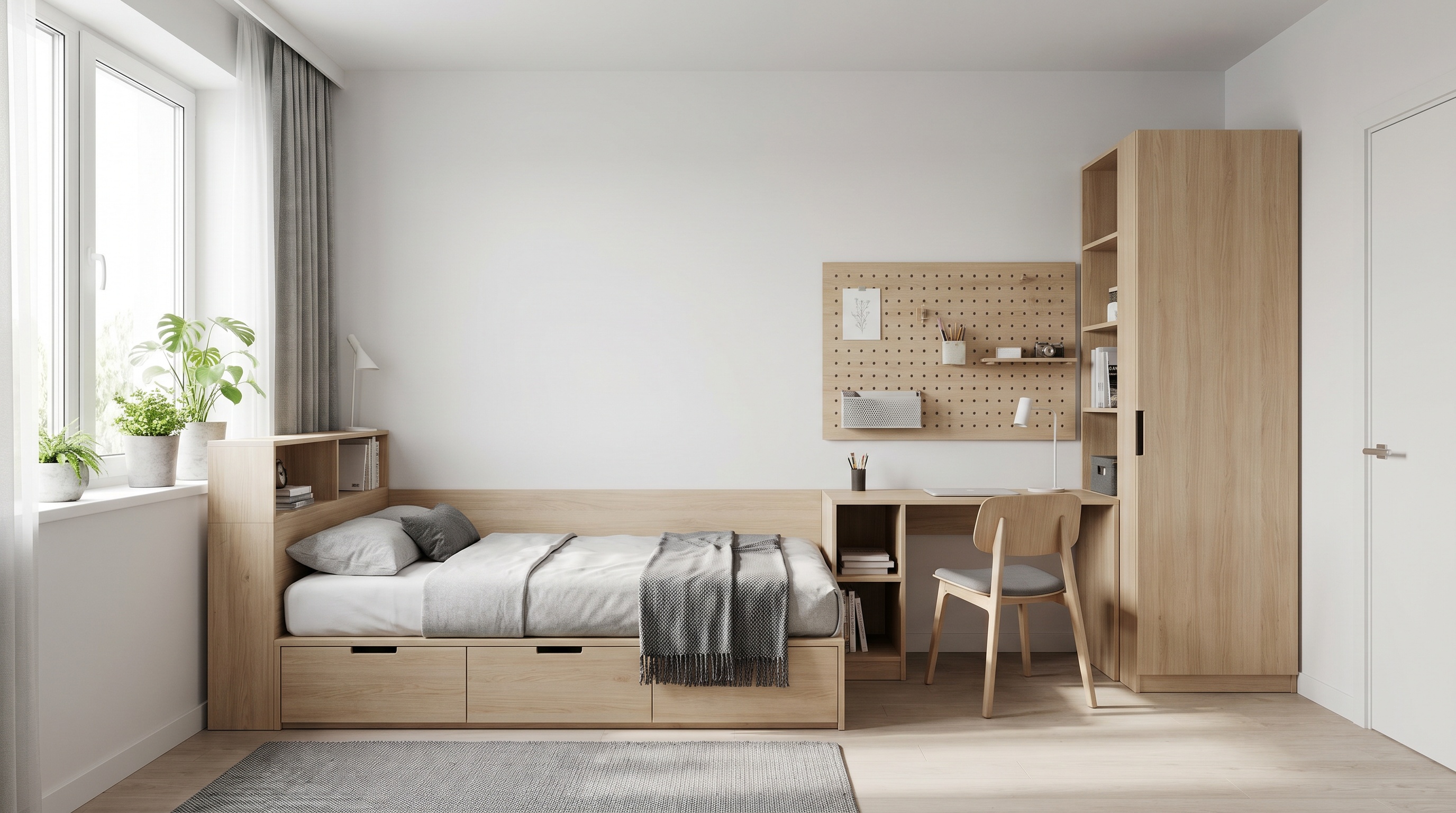 modern dorm room with Scandinavian design elements and storage solutions