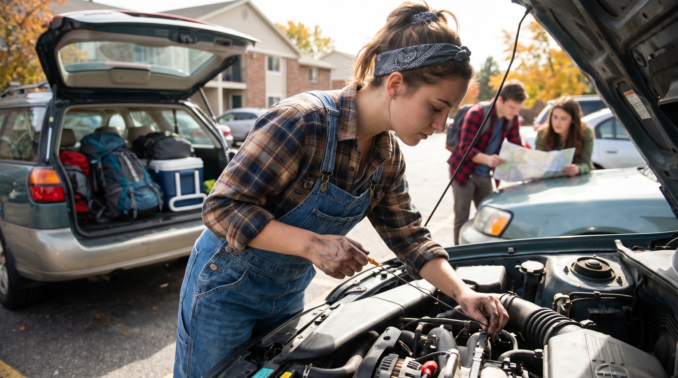 College student checking car engine before road trip
