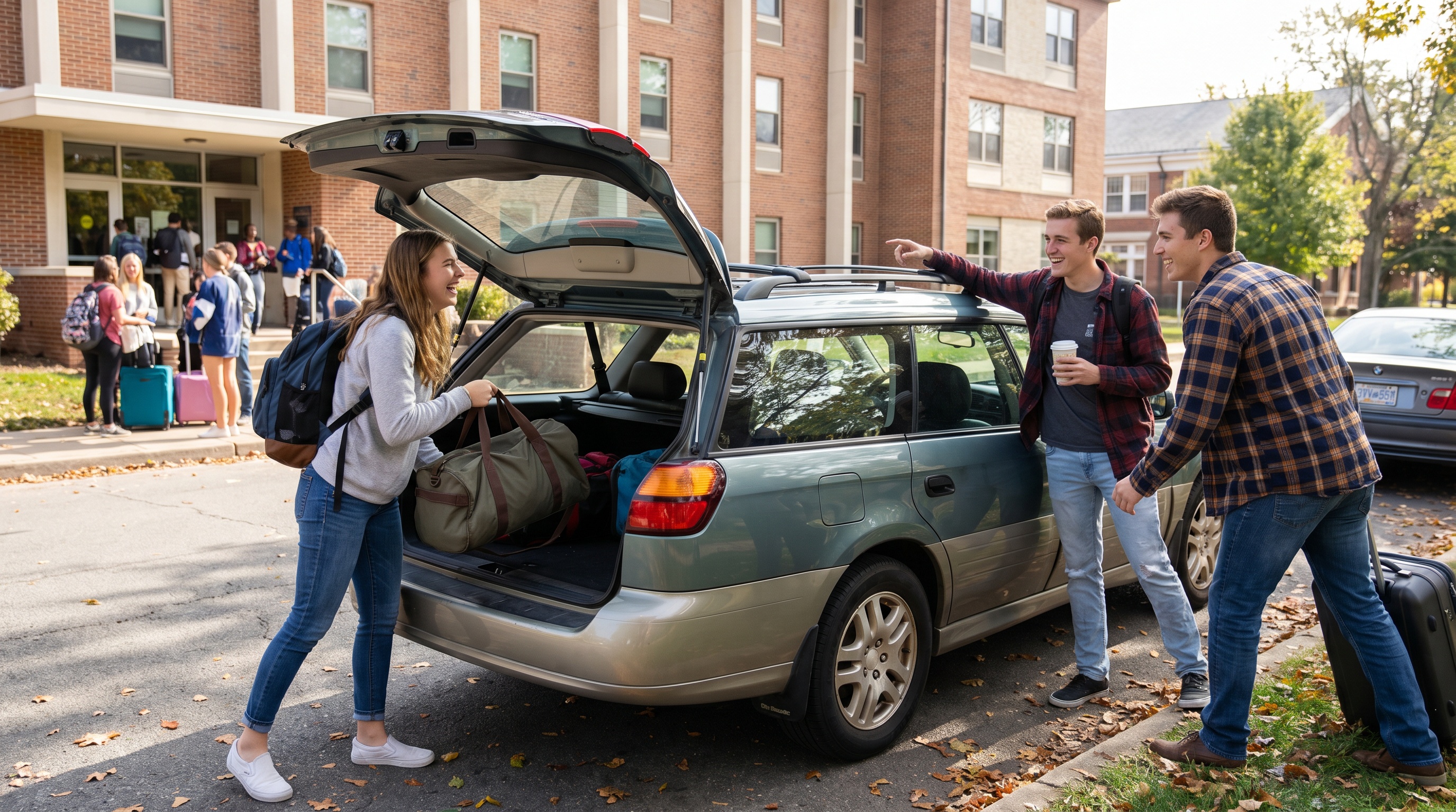 College students loading luggage into well-maintained car for road trip