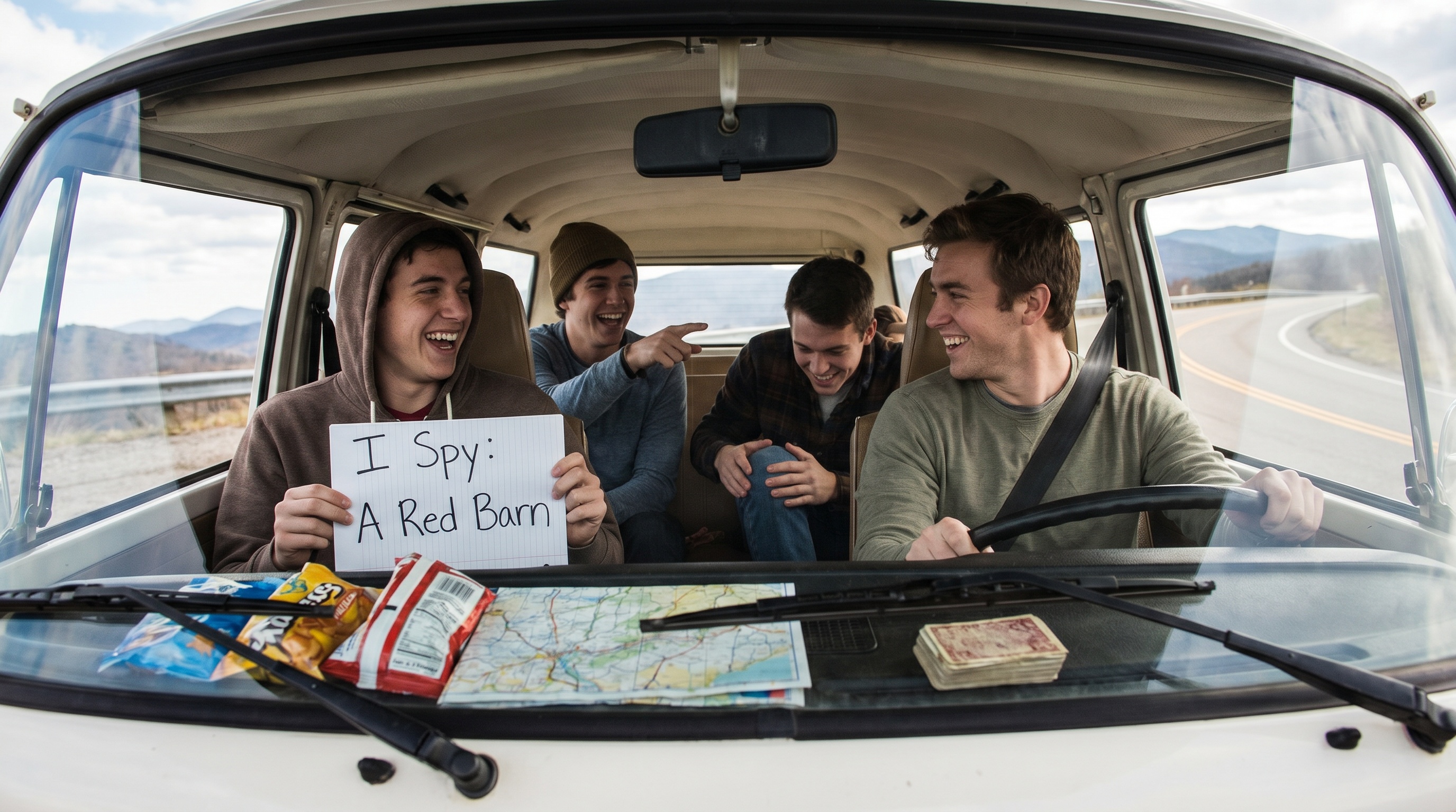 College students laughing while playing road trip games
