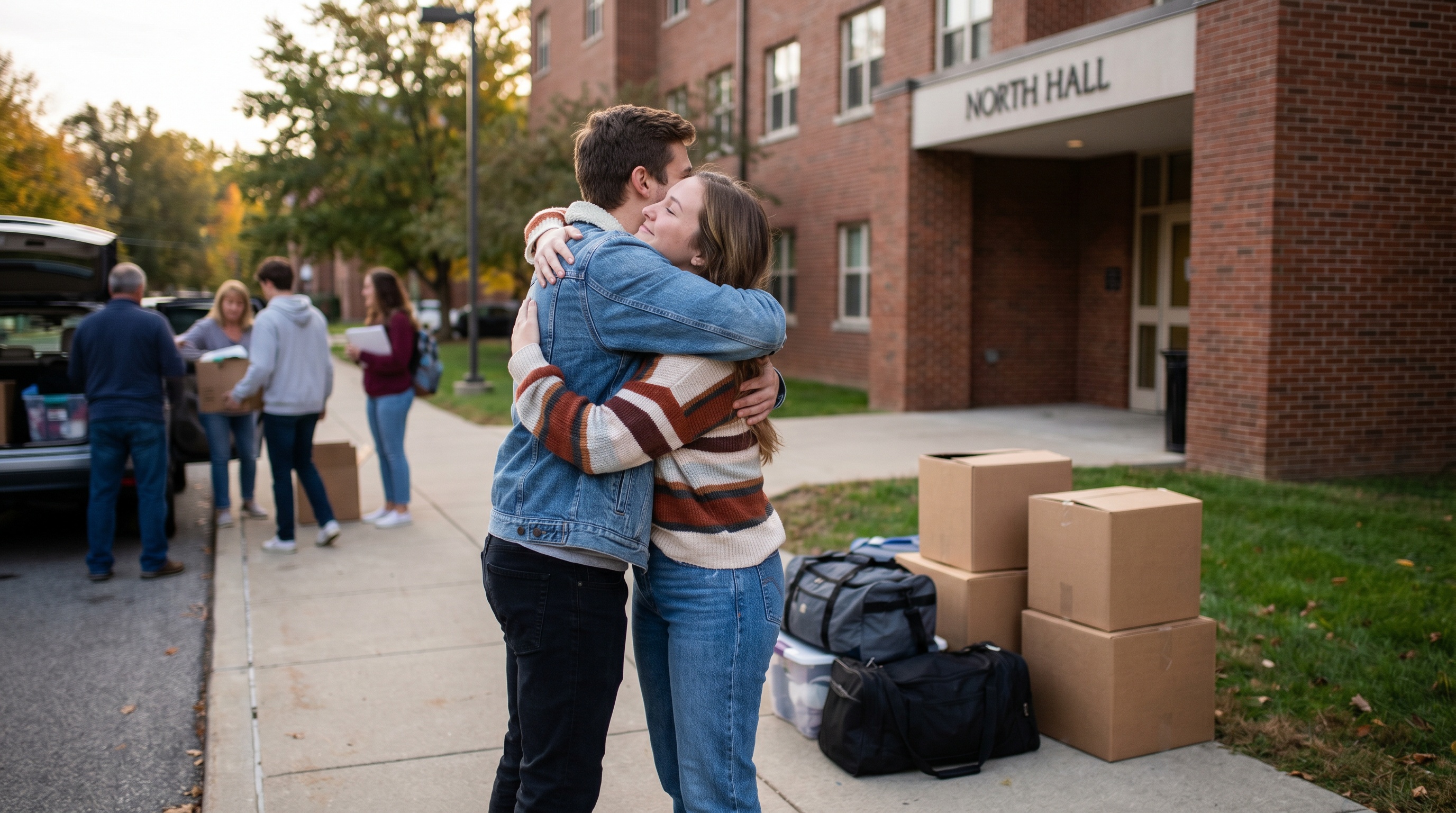 college students hugging goodbye outside dorm building with moving boxes