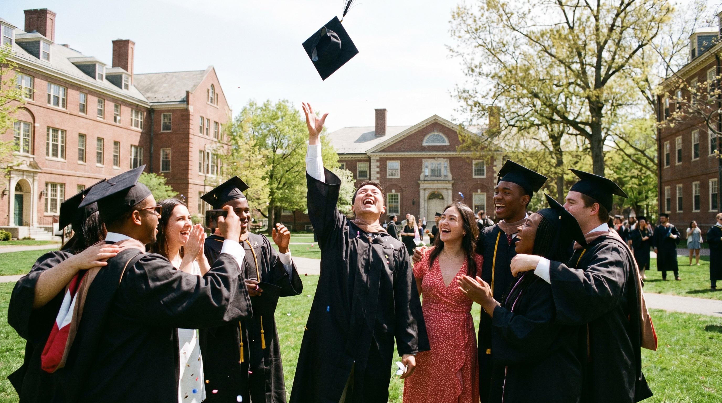 college graduate throwing cap in the air with friends cheering
