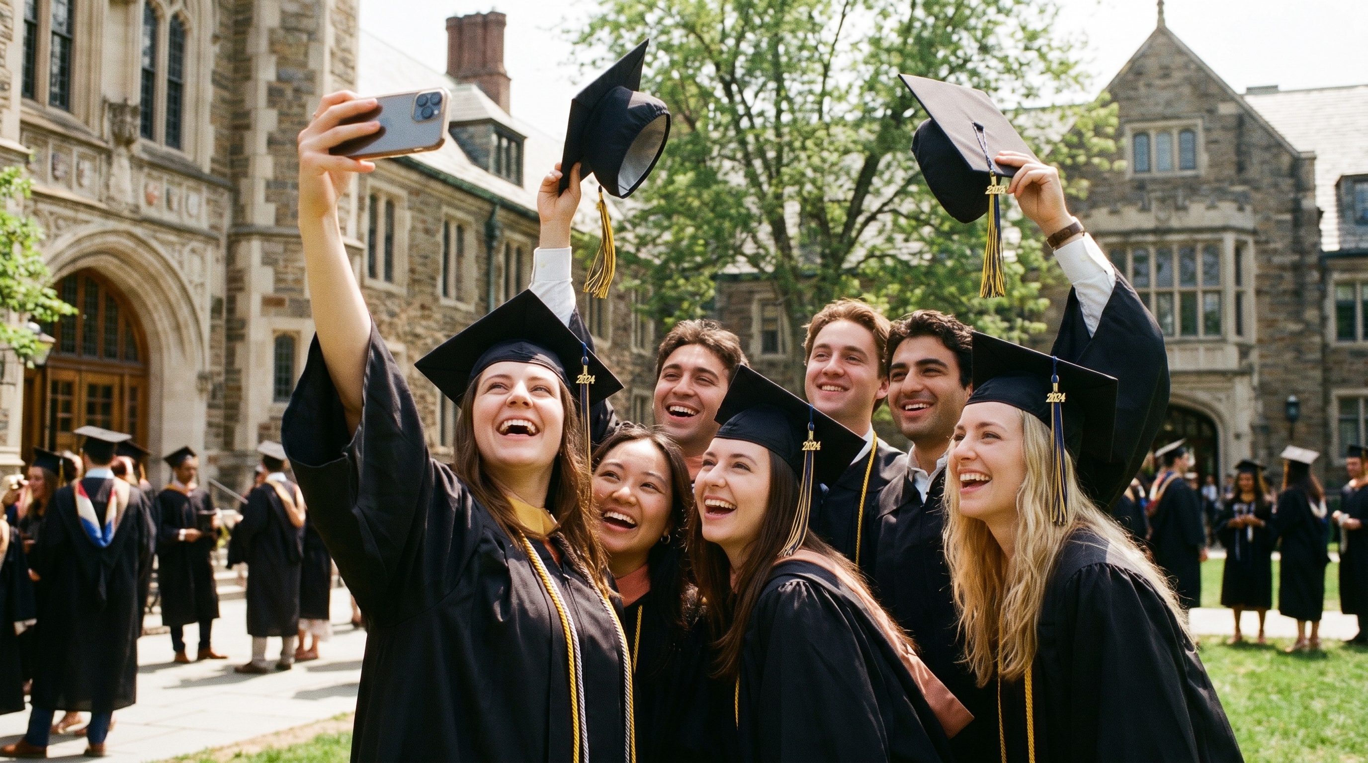group of college friends taking a selfie with graduation caps