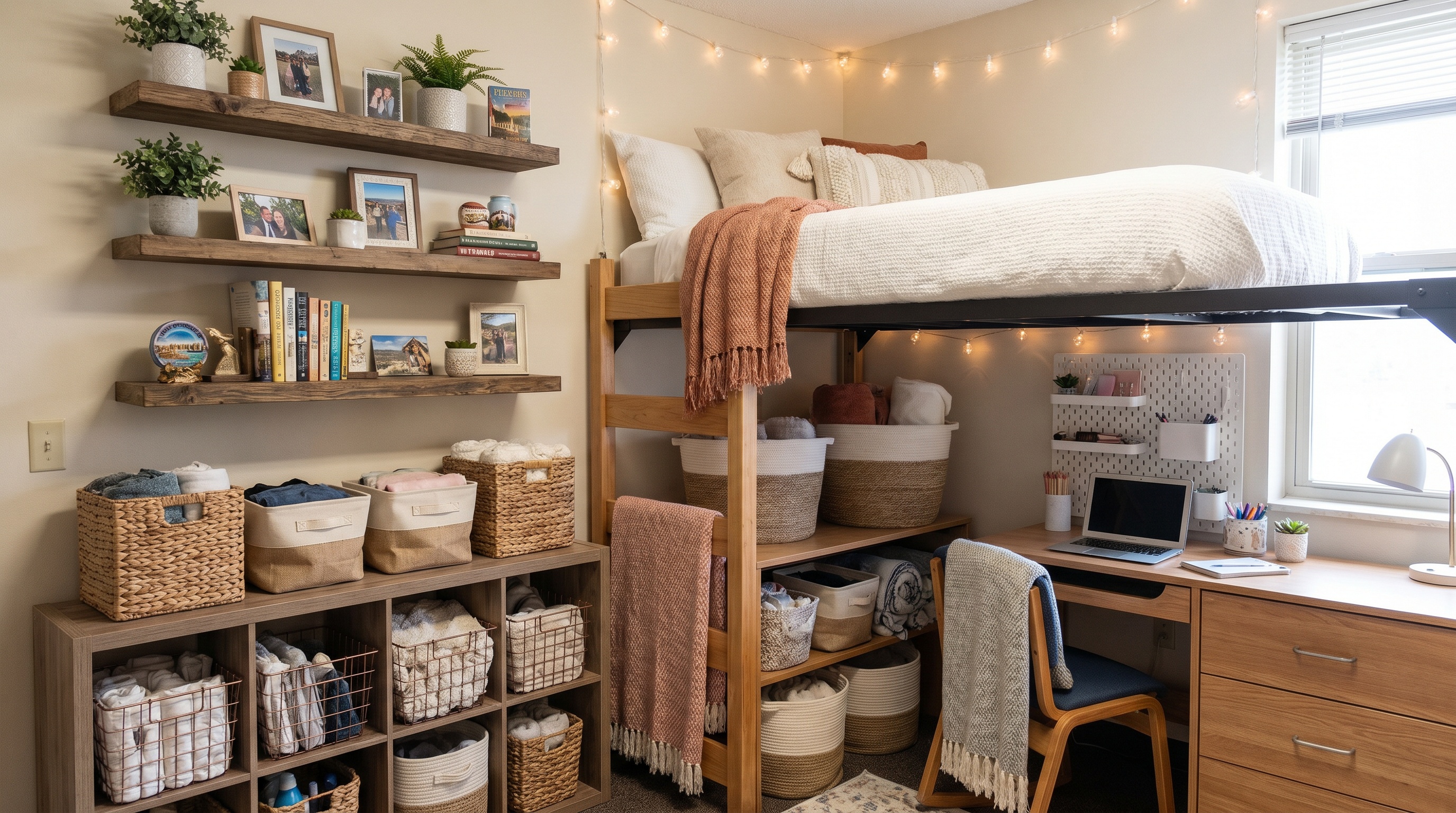 organized dorm room with decorative storage baskets and floating shelves displaying personal items