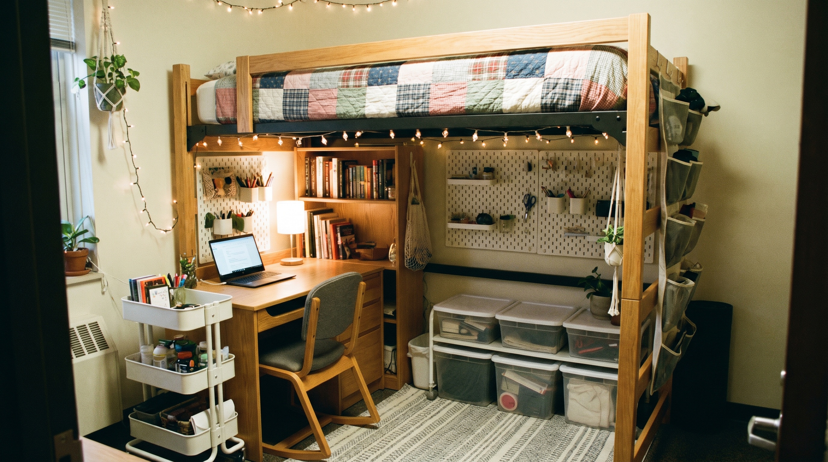 efficiently organized small dorm room showing lofted bed with study area underneath