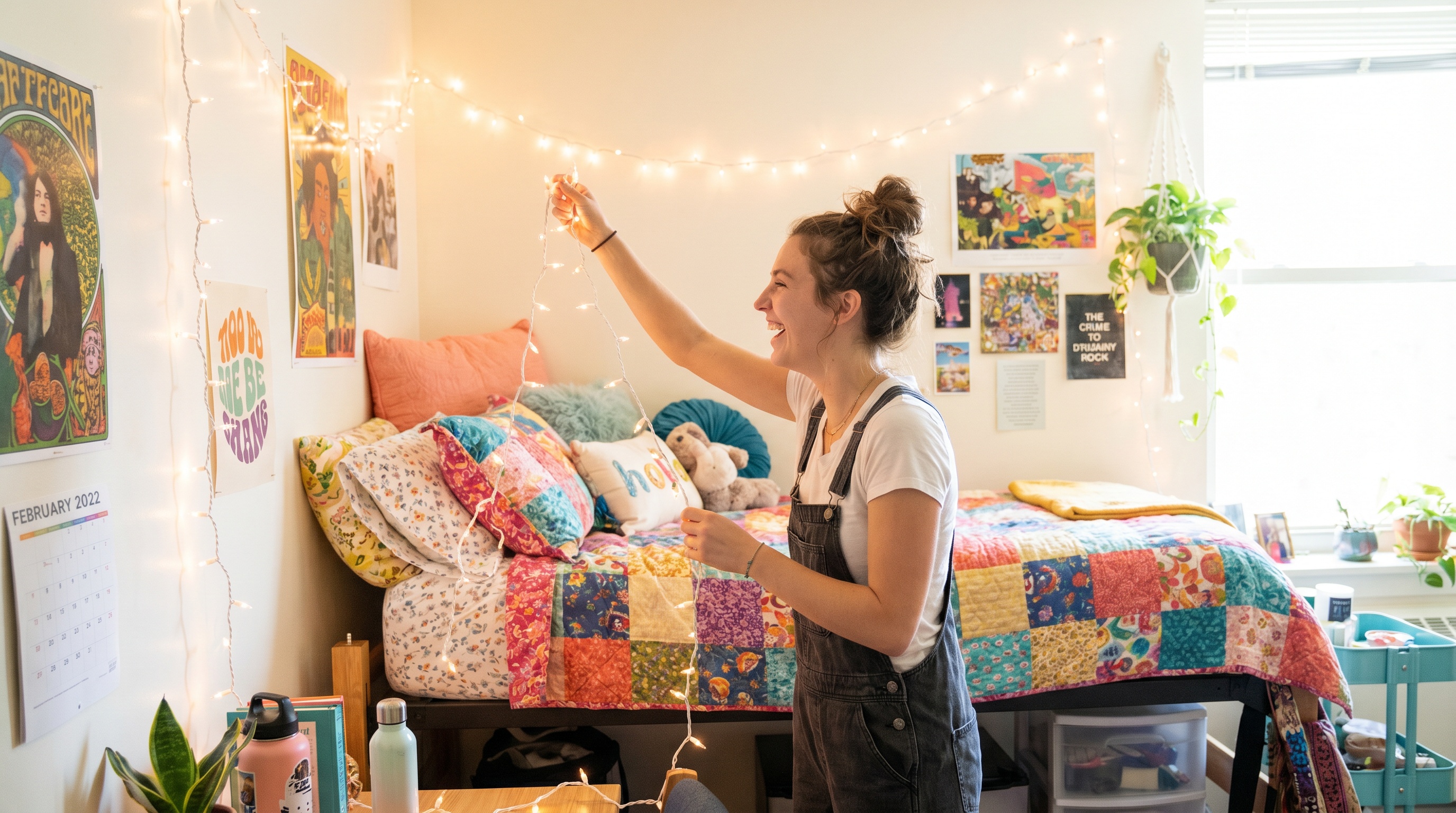 college student decorating bright dorm room with fairy lights and colorful bedding