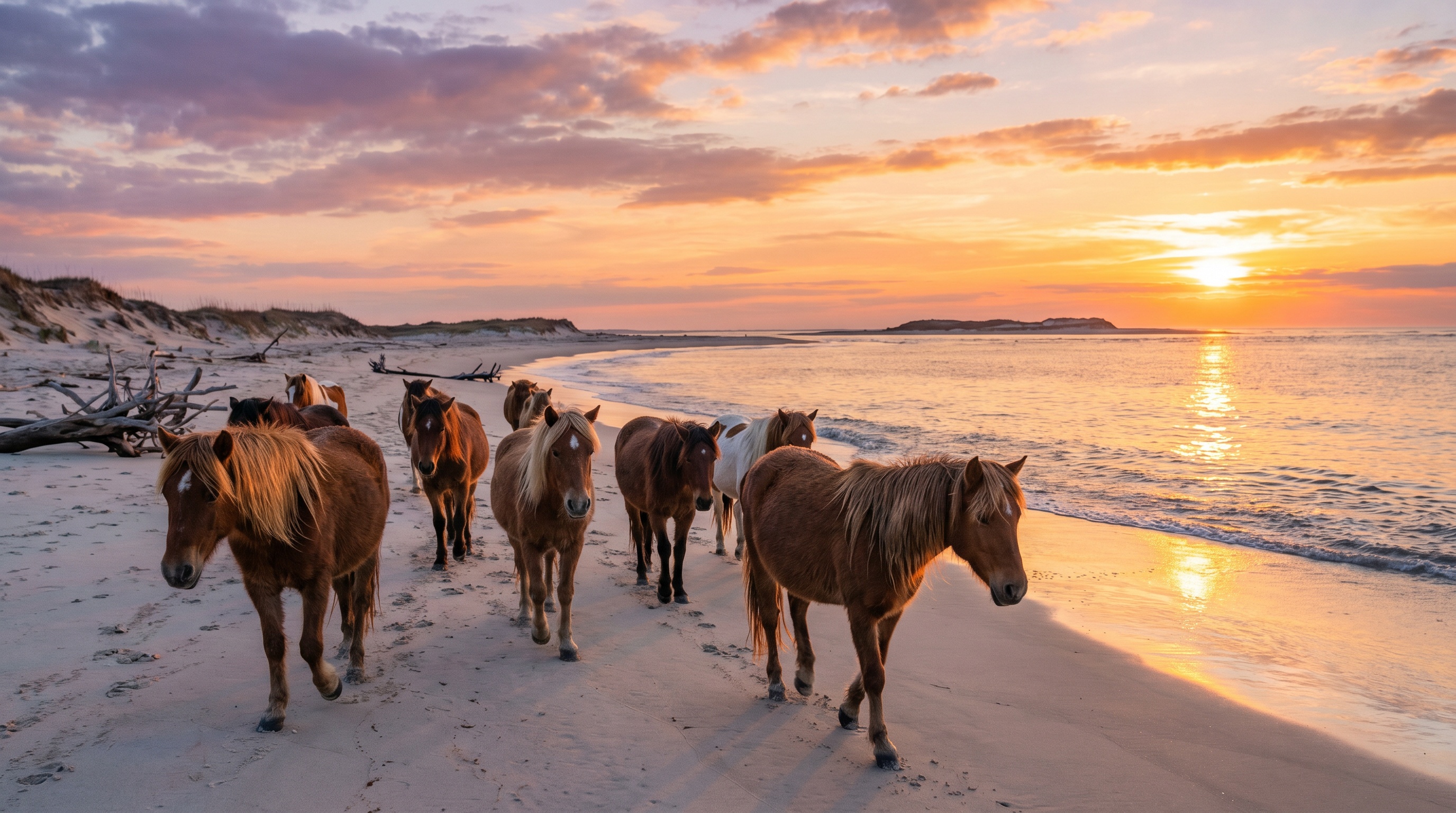 wild ponies walking along pristine beach at sunset