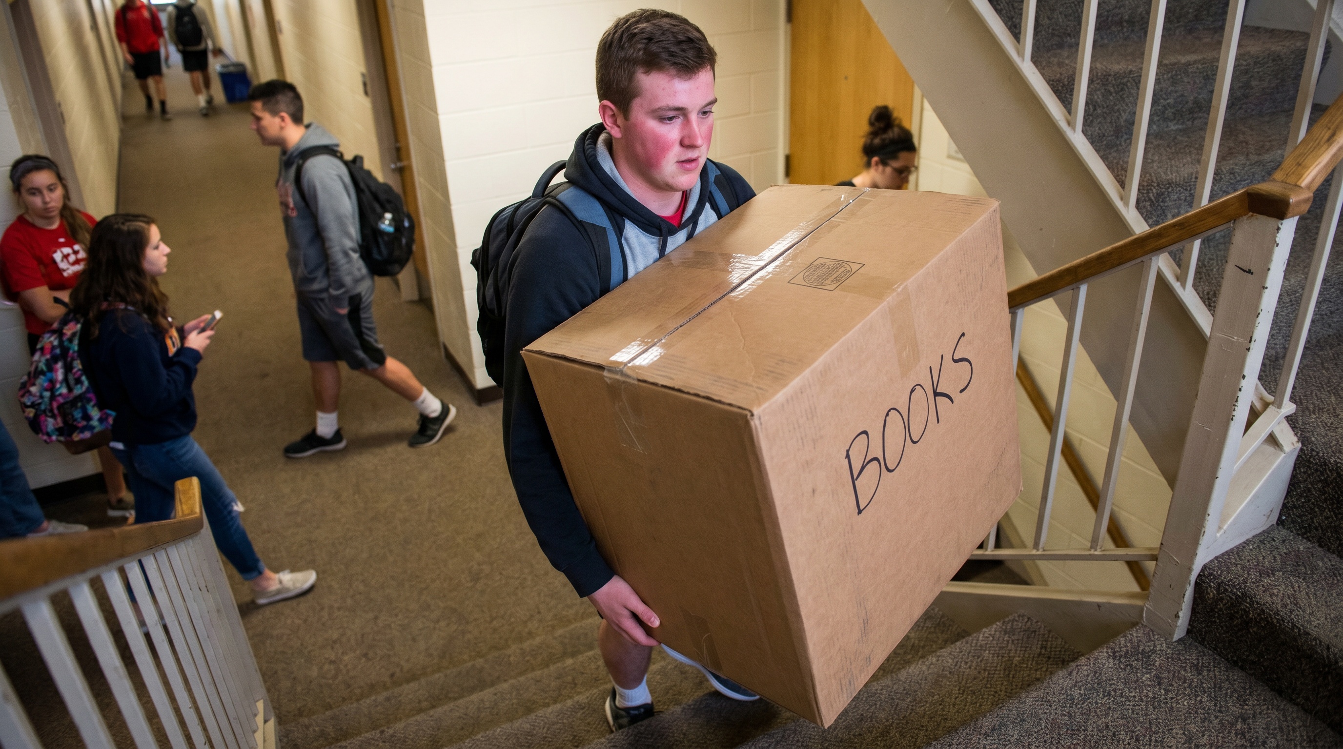 student carrying extra large moving box down dorm stairs