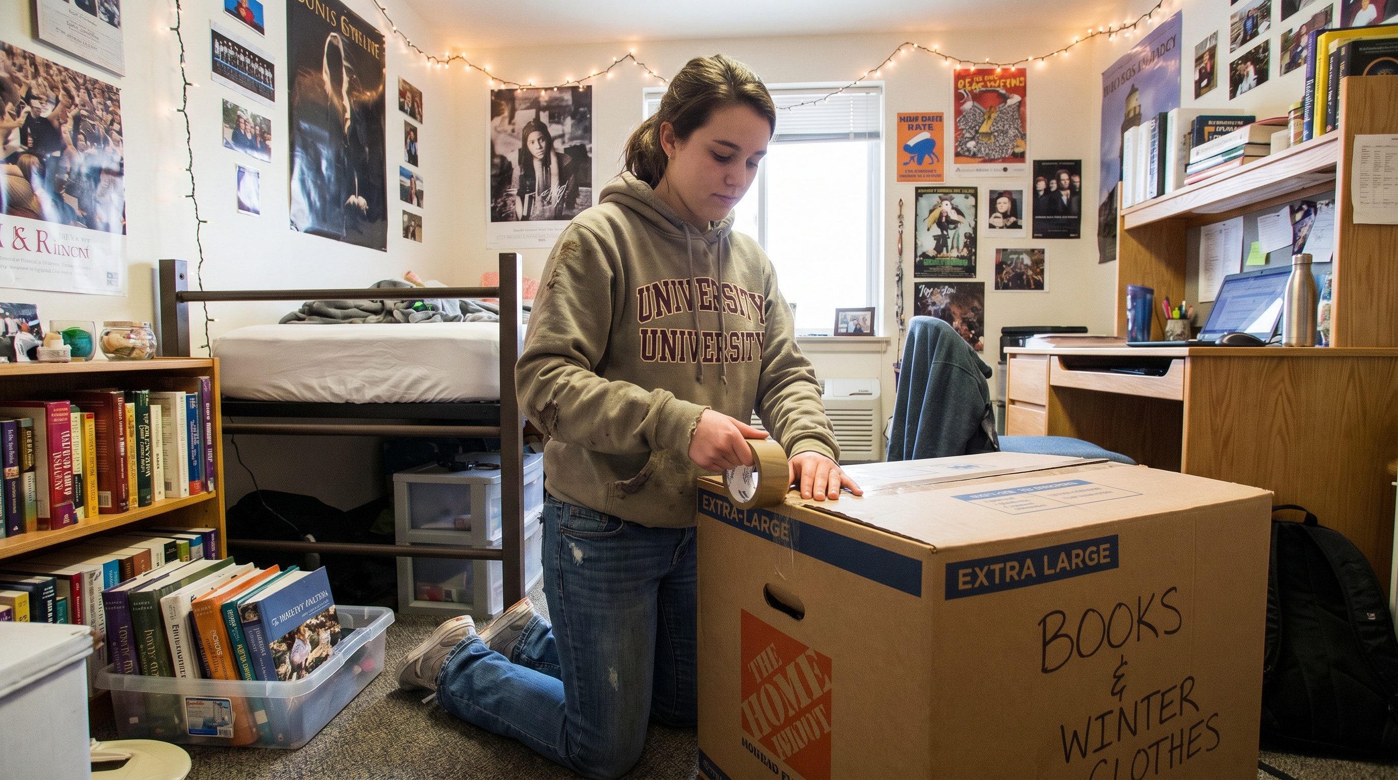 college student packing extra large moving box in dorm room