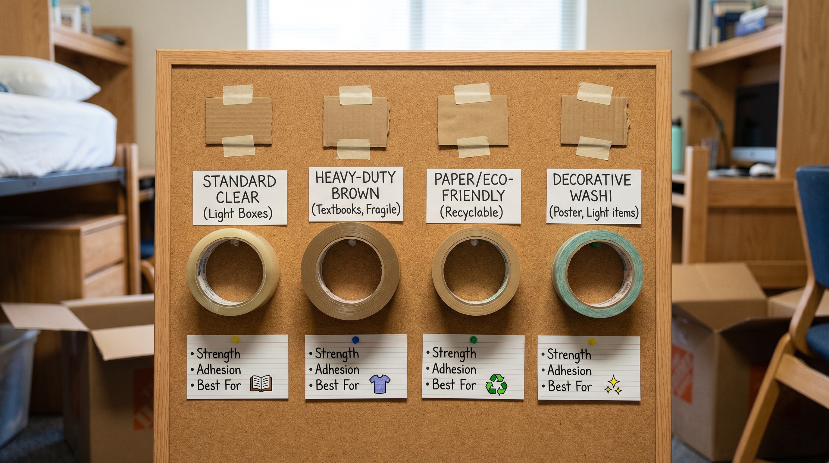 Different types of packing tape comparison display for college dorm use