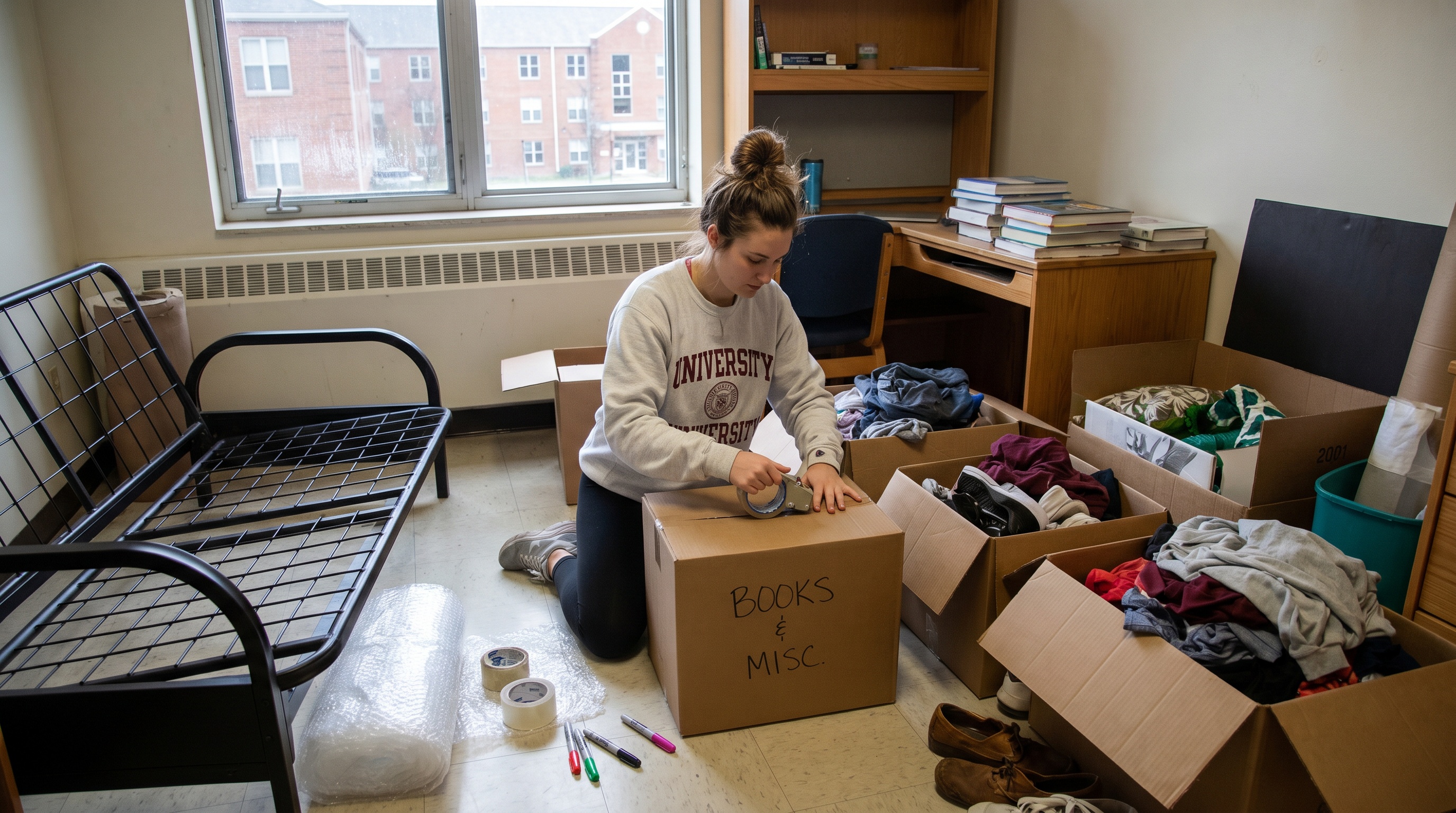 College student packing boxes in dorm room with moving supplies