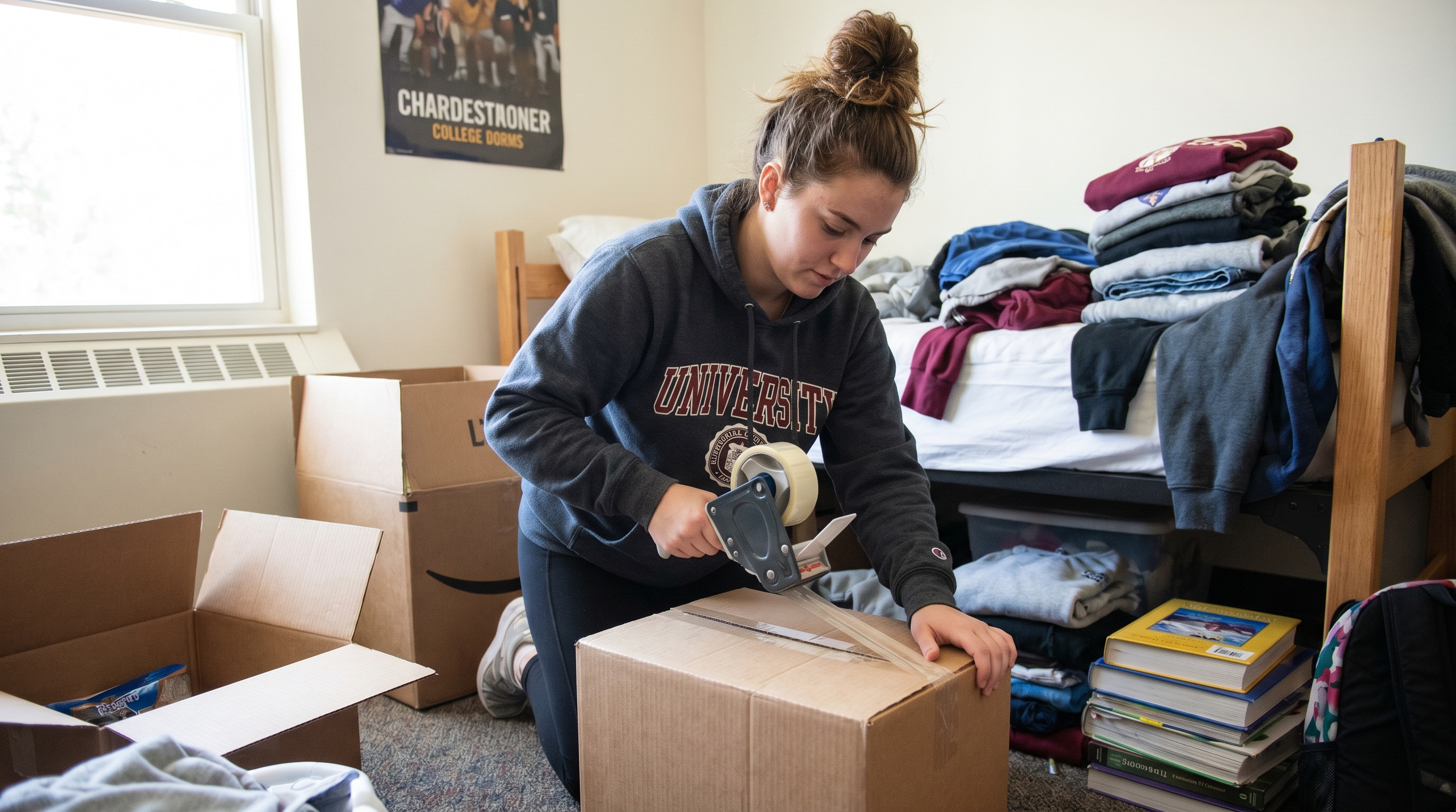 College student using tape dispenser while packing boxes