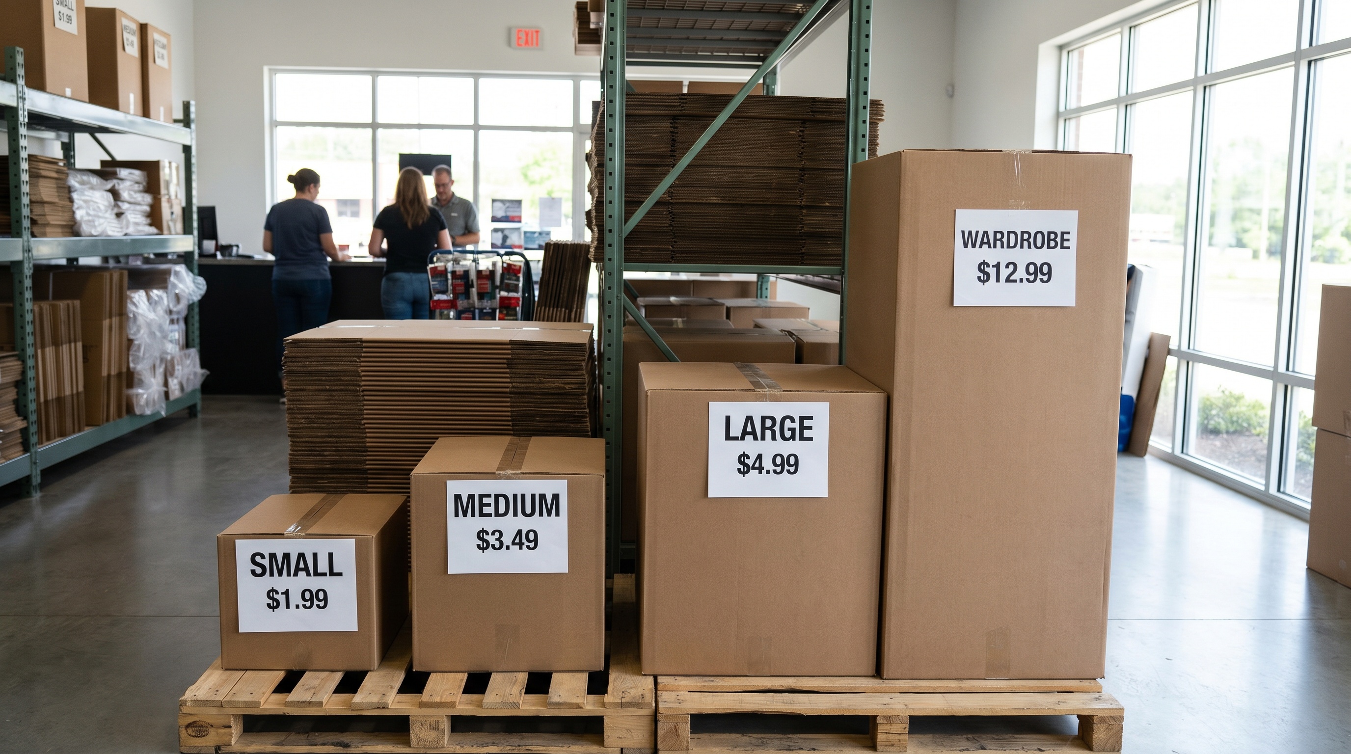 comparison of different sized moving boxes with price tags