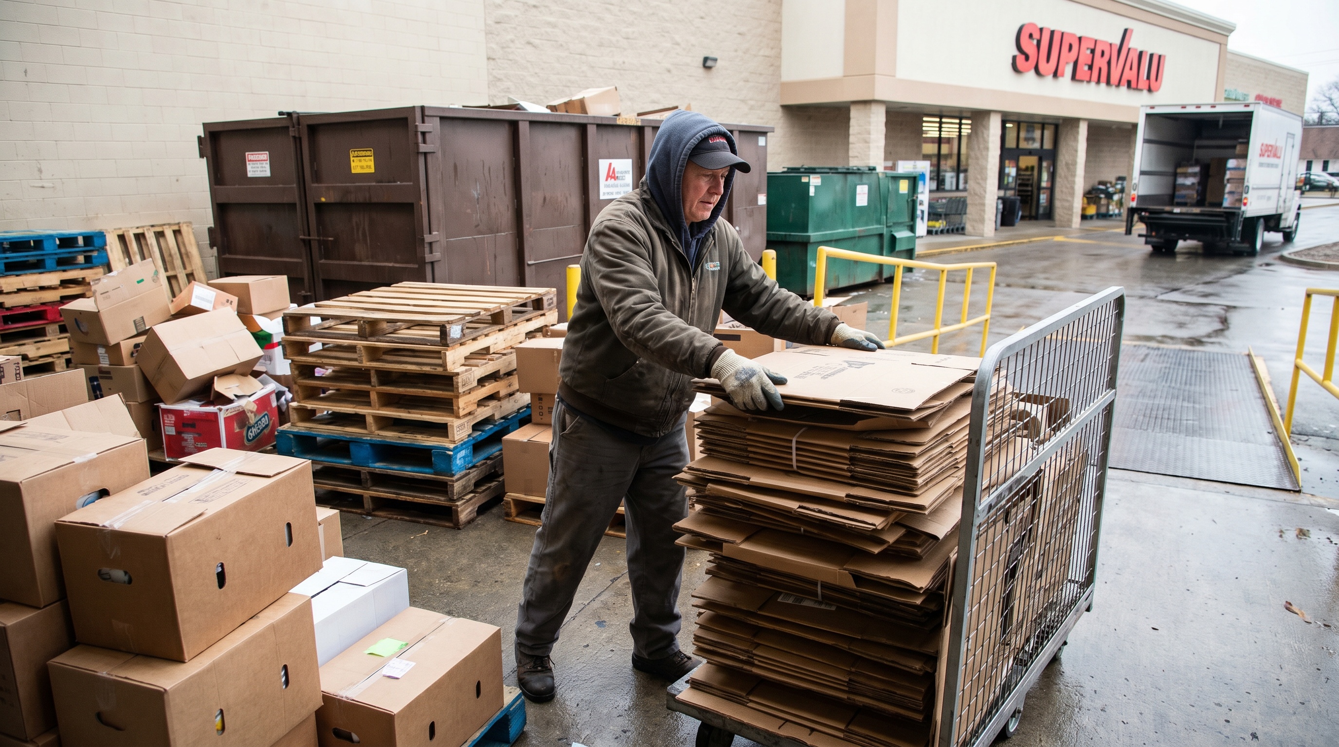 person collecting cardboard boxes from grocery store loading dock