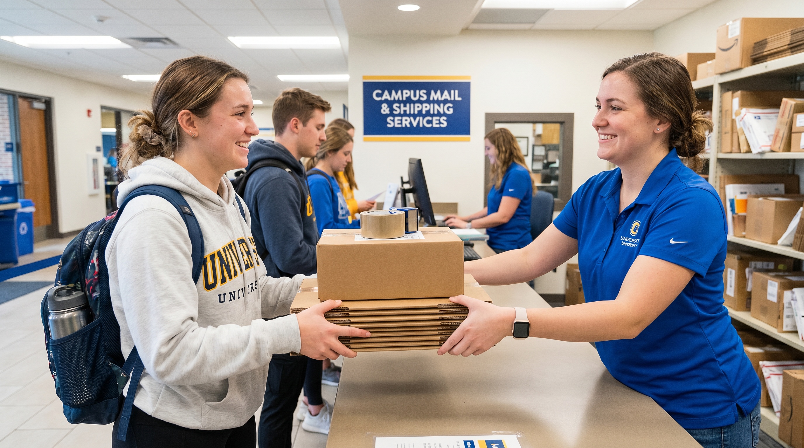 college student at pickup counter receiving shipping supplies with friendly staff member
