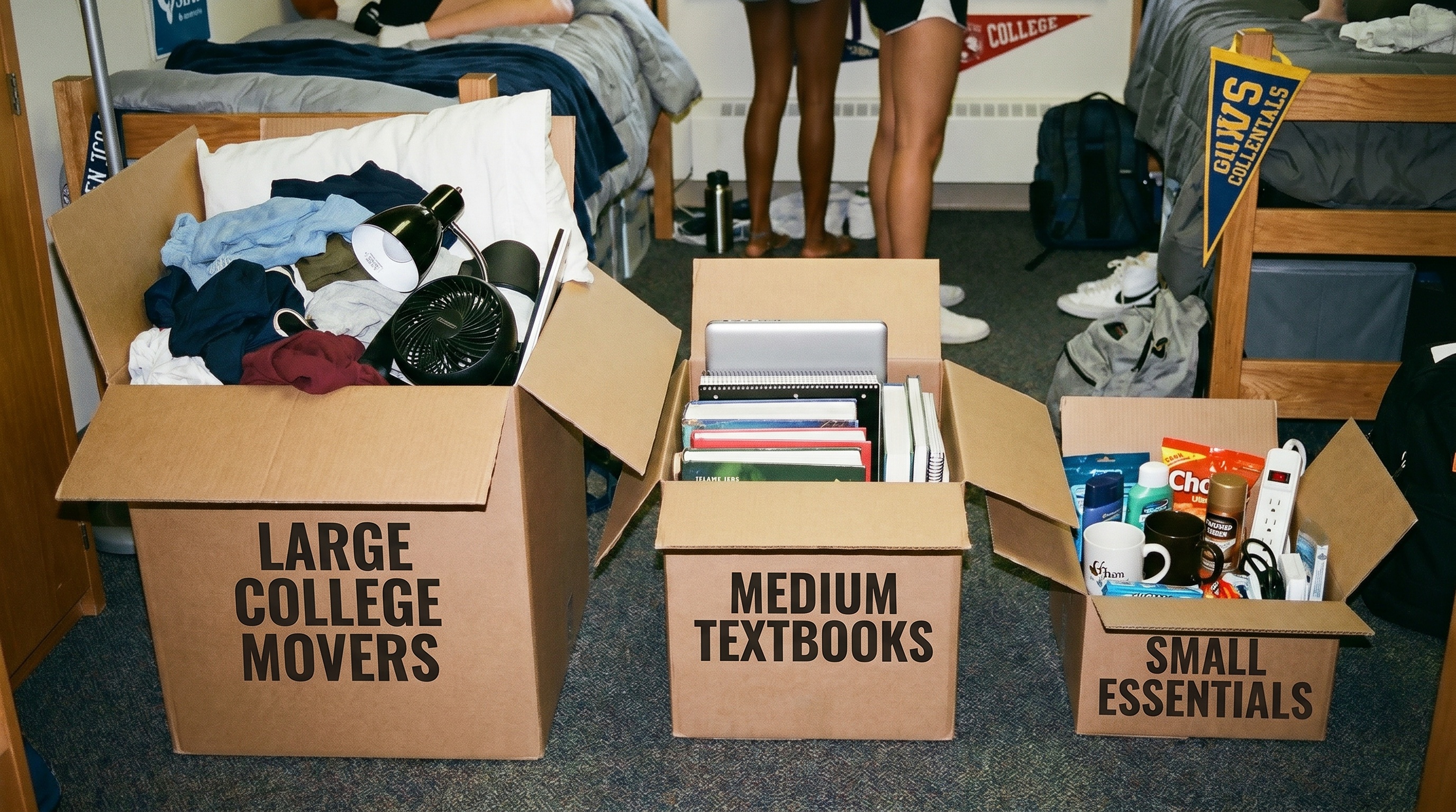 comparison of different sized boxes with college items like textbooks, clothes, and dorm supplies