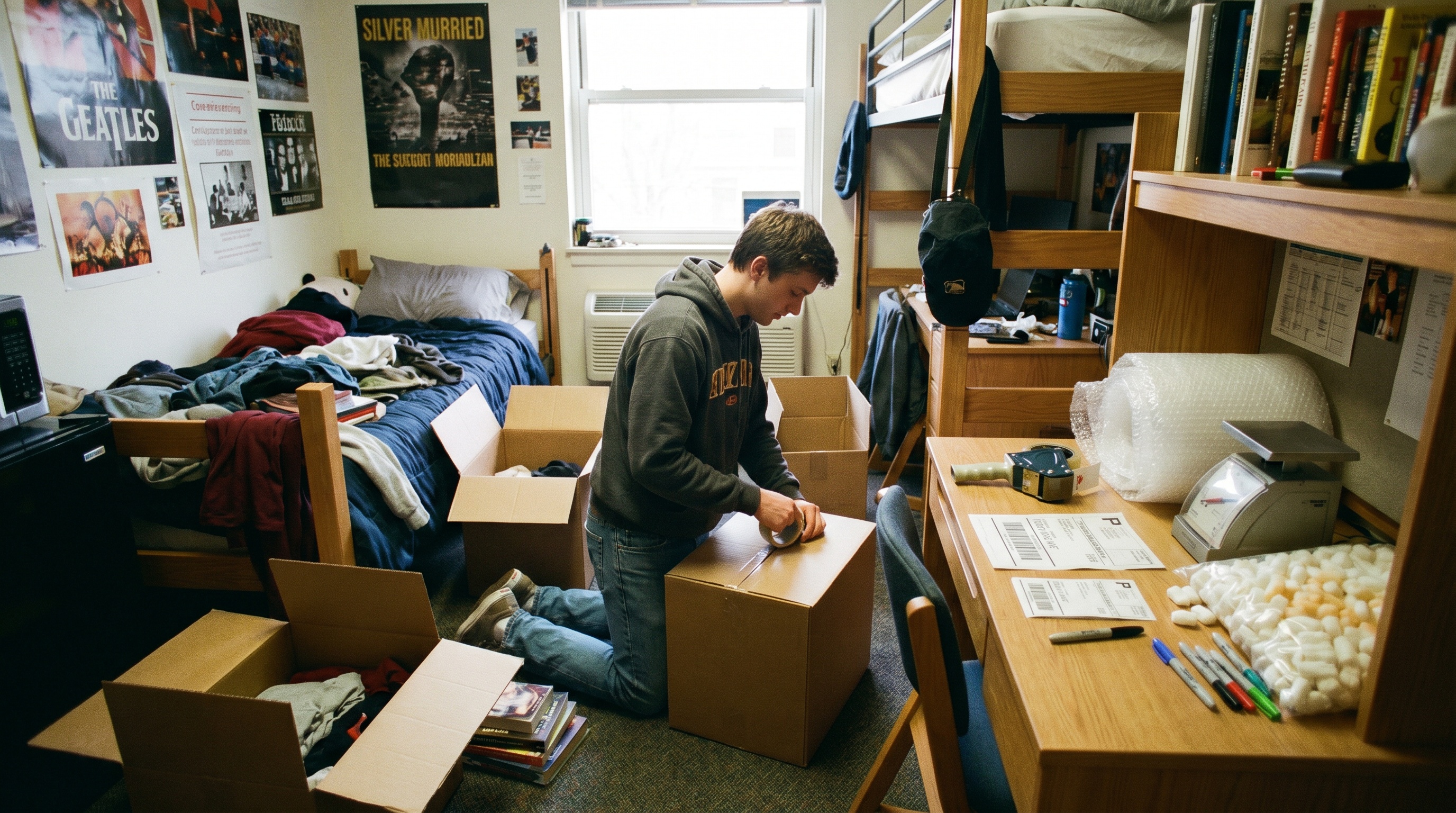 college student packing boxes in dorm room with various shipping supplies on desk