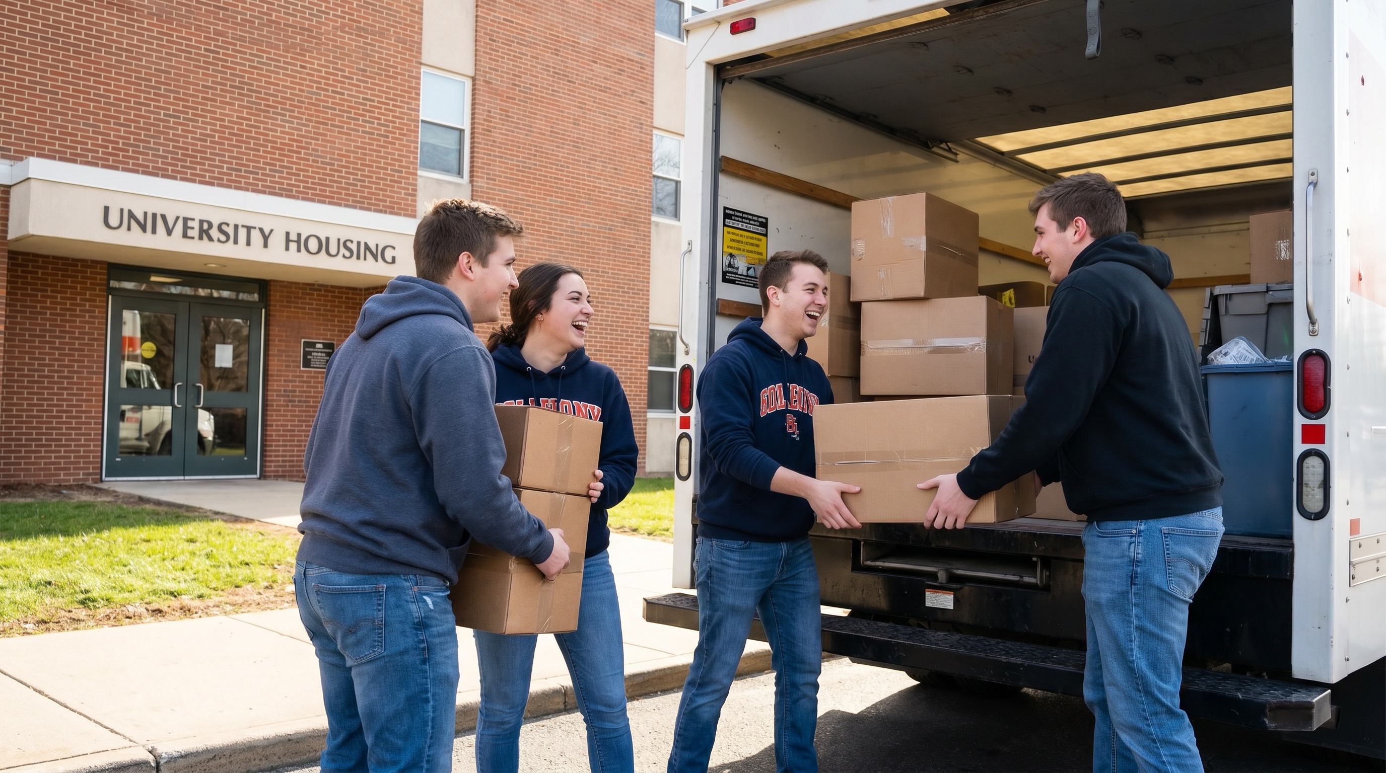 College students loading packed boxes into moving truck
