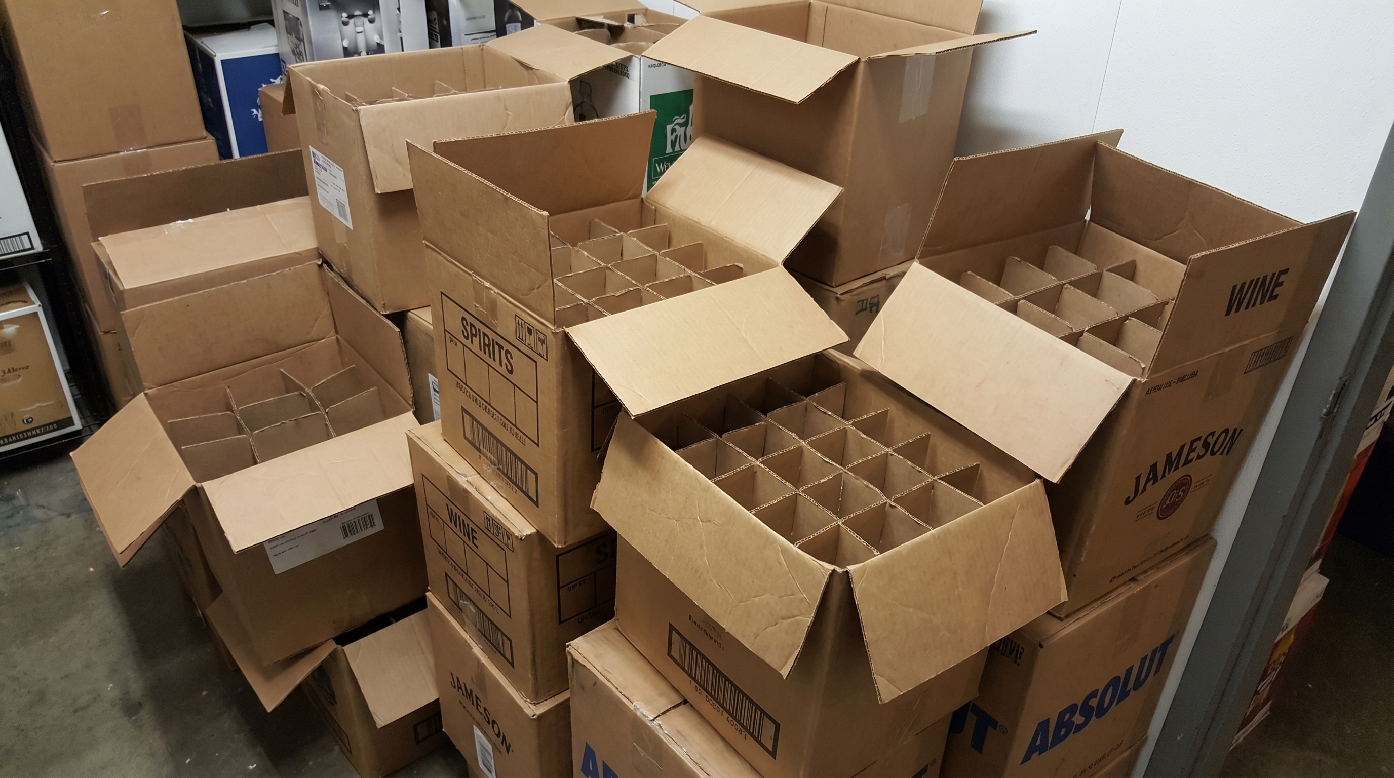 Liquor store boxes stacked for moving