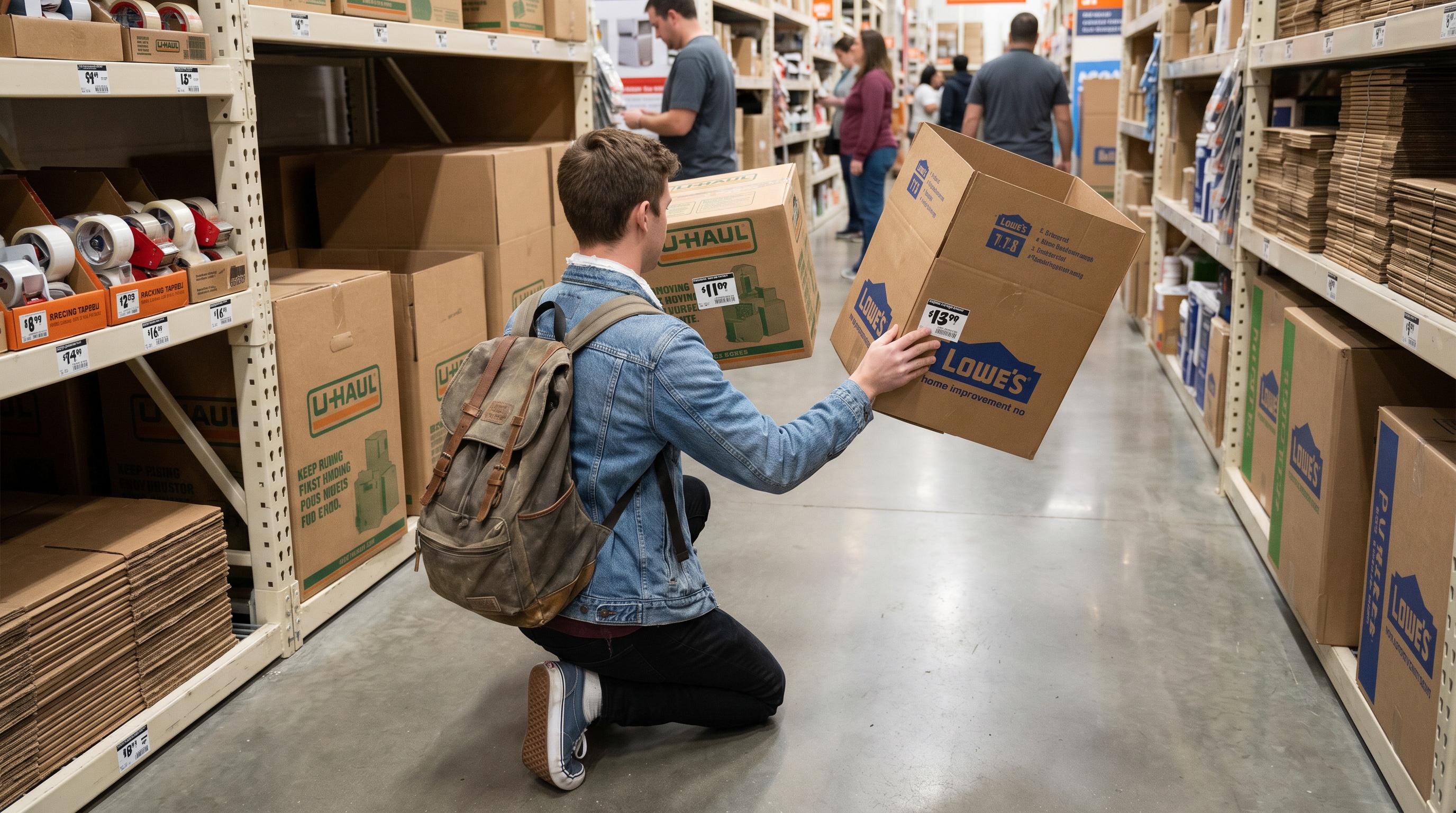 Student comparing moving box prices in store