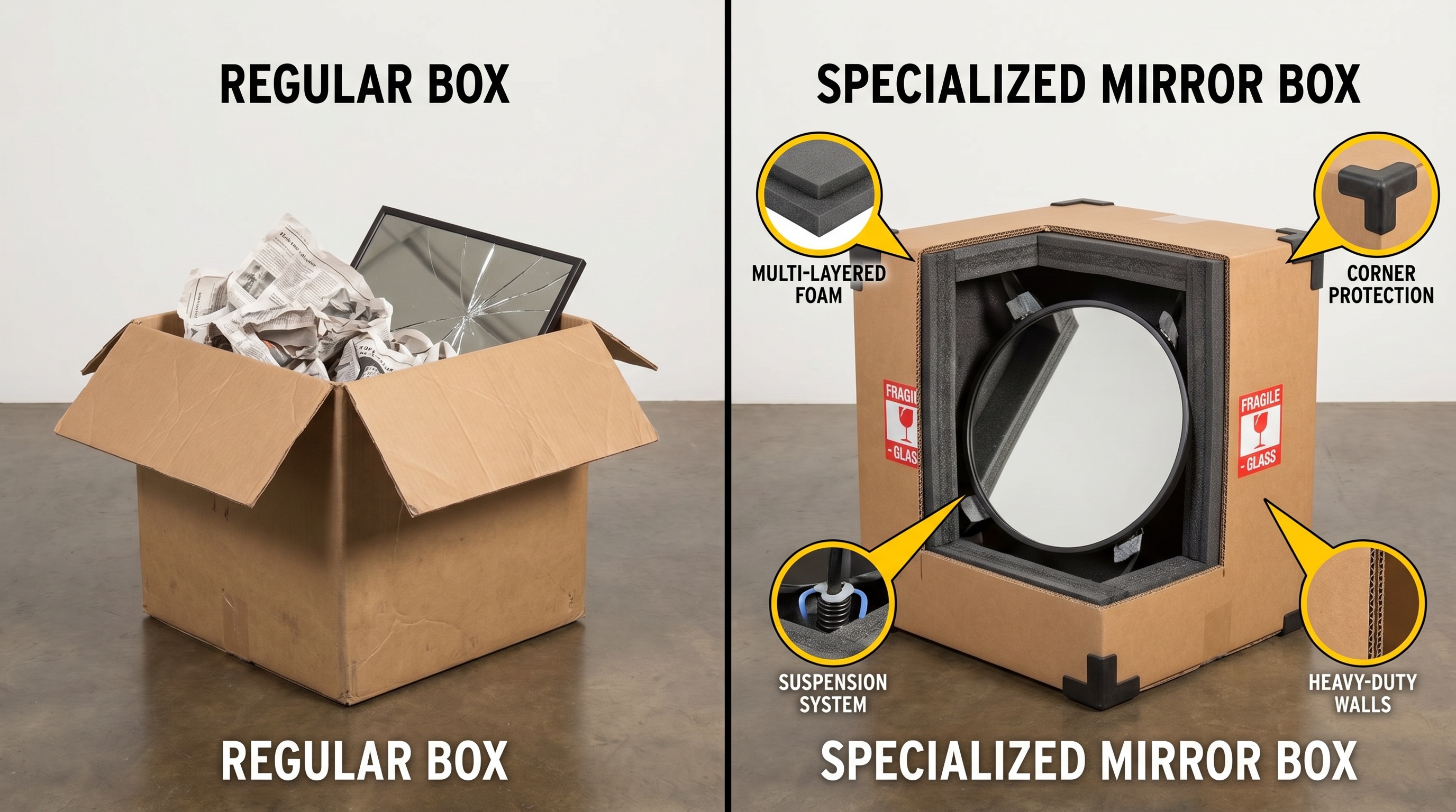 Comparison showing a regular cardboard box versus the specialized mirror box with protective features highlighted