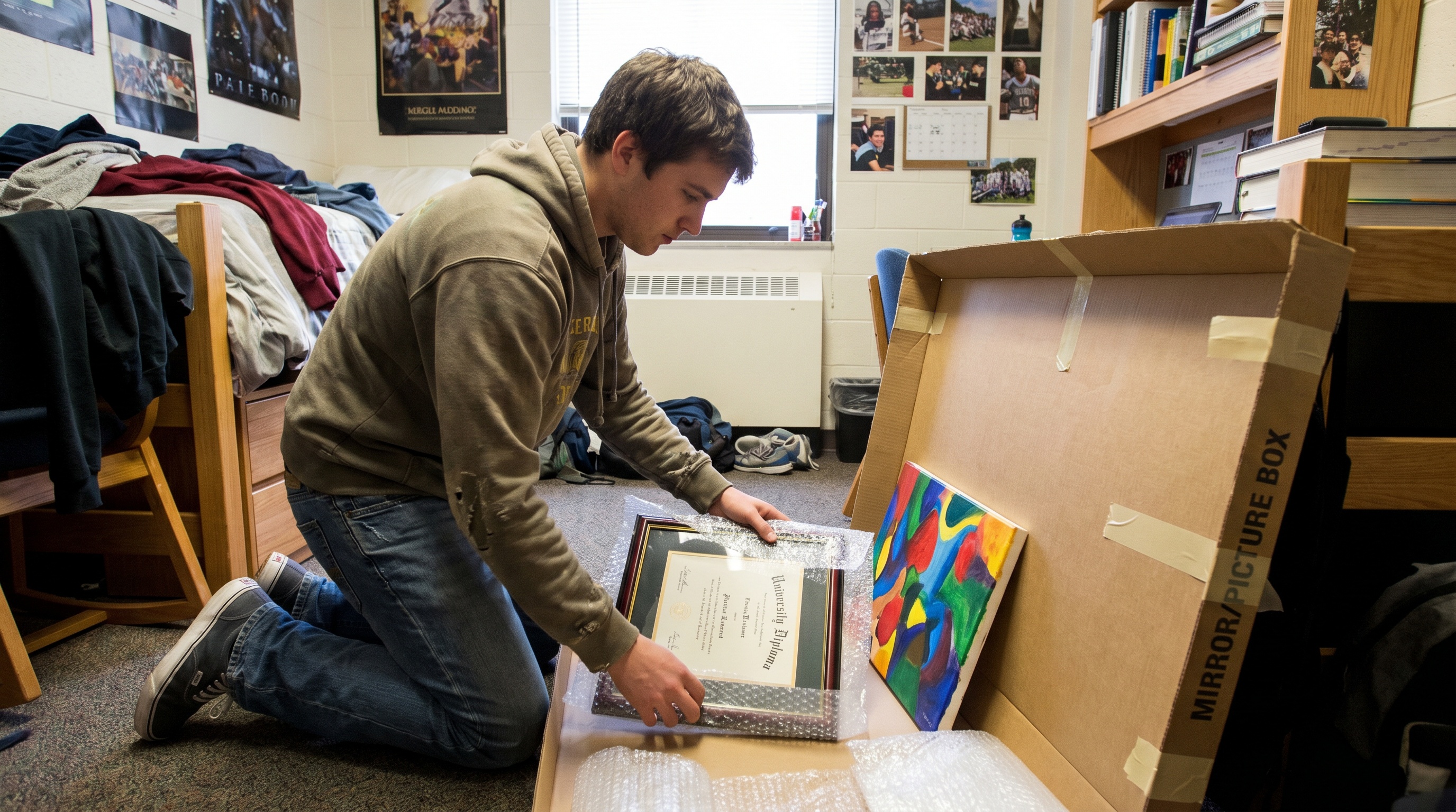 College student carefully packing a framed diploma and artwork into a specialized mirror box in a dorm room