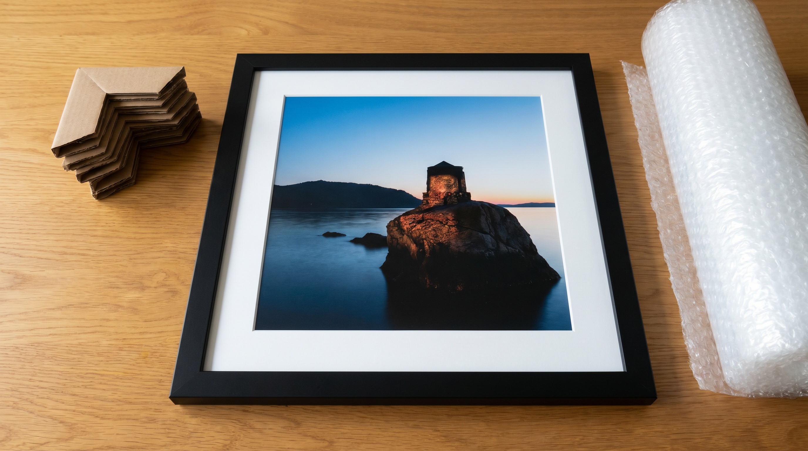 Step-by-step demonstration of packing a framed photo with corner protectors and bubble wrap