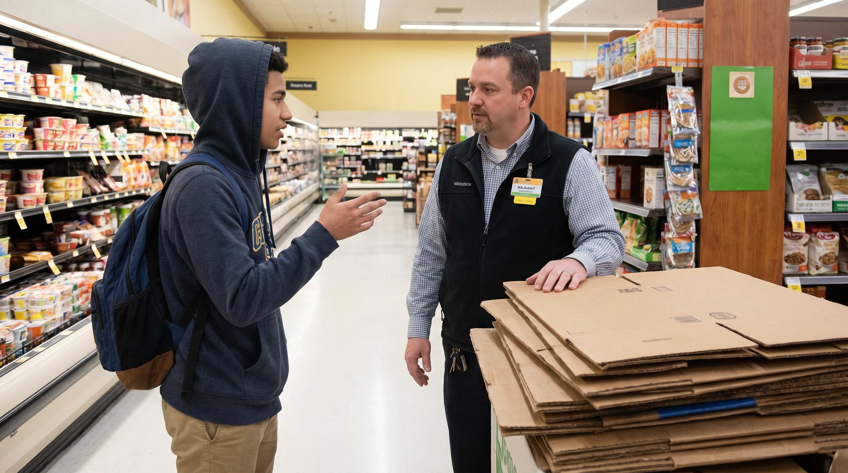 Student talking to store manager about free boxes