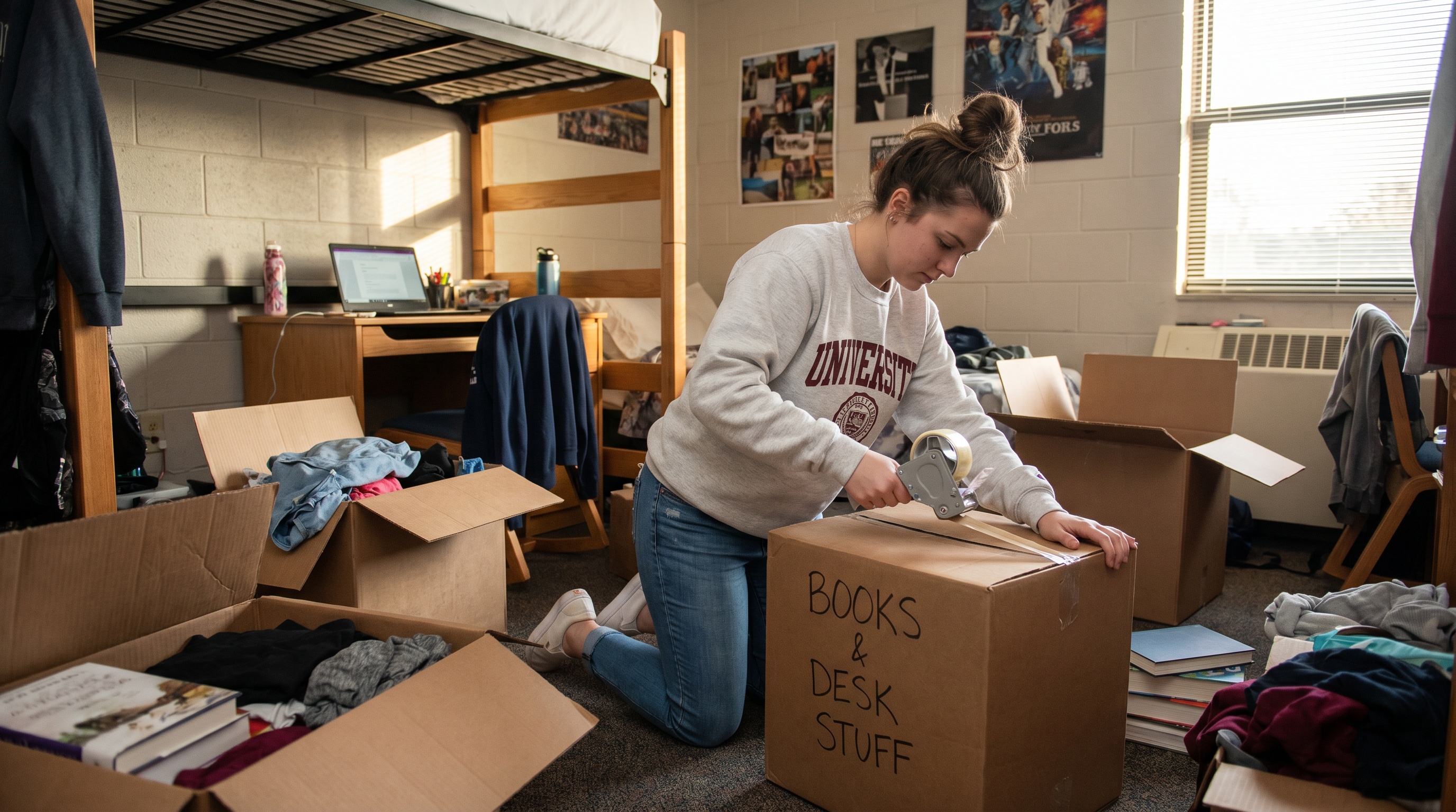 College student packing boxes in dorm room