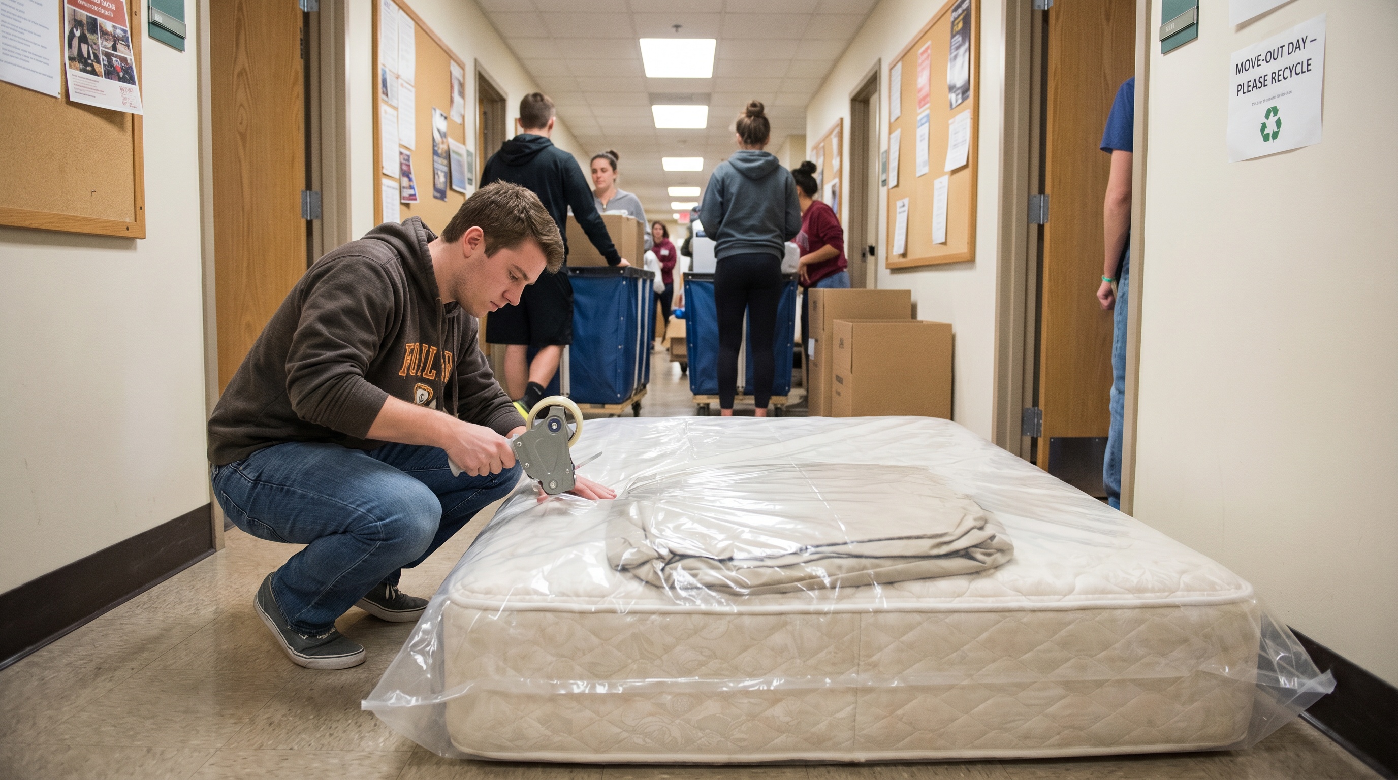Student sealing mattress bag in dorm hallway