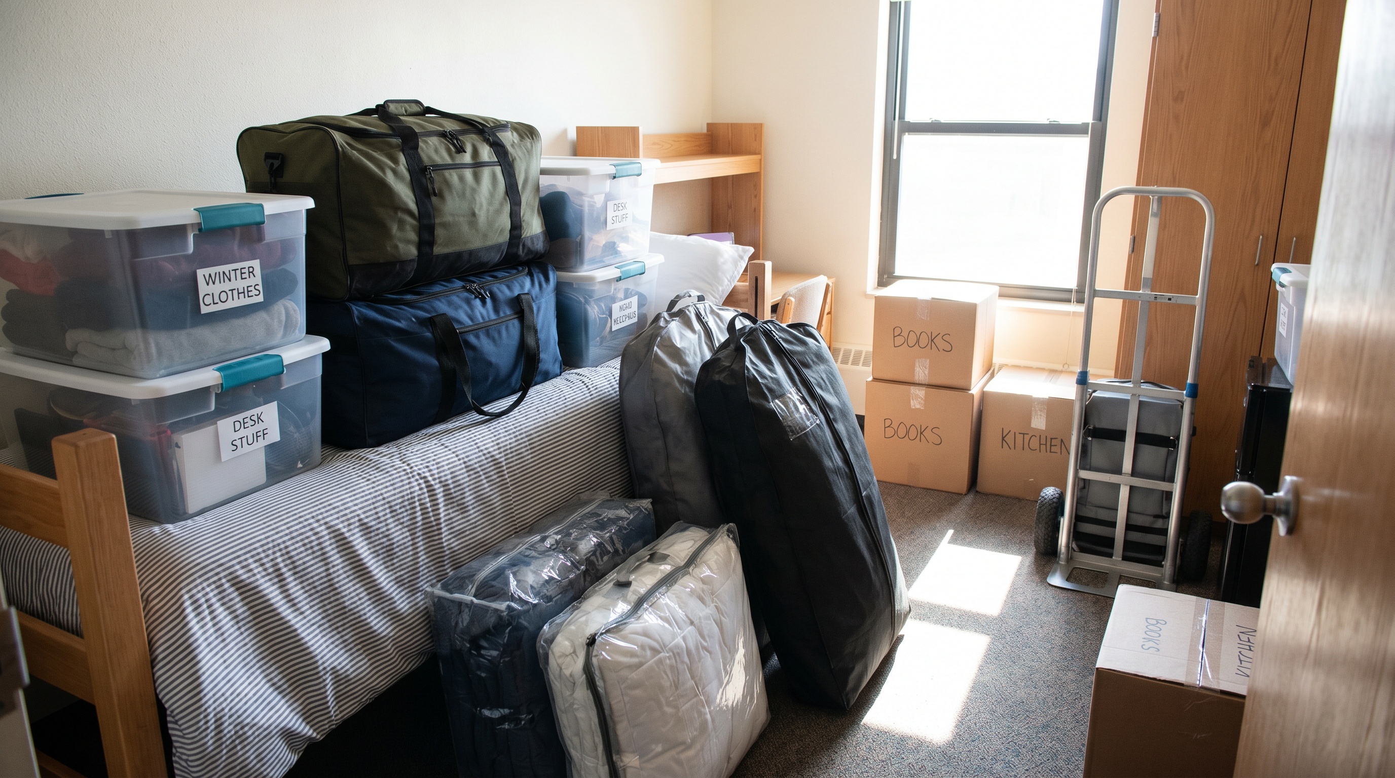 Organized dorm items in protective covers ready for storage