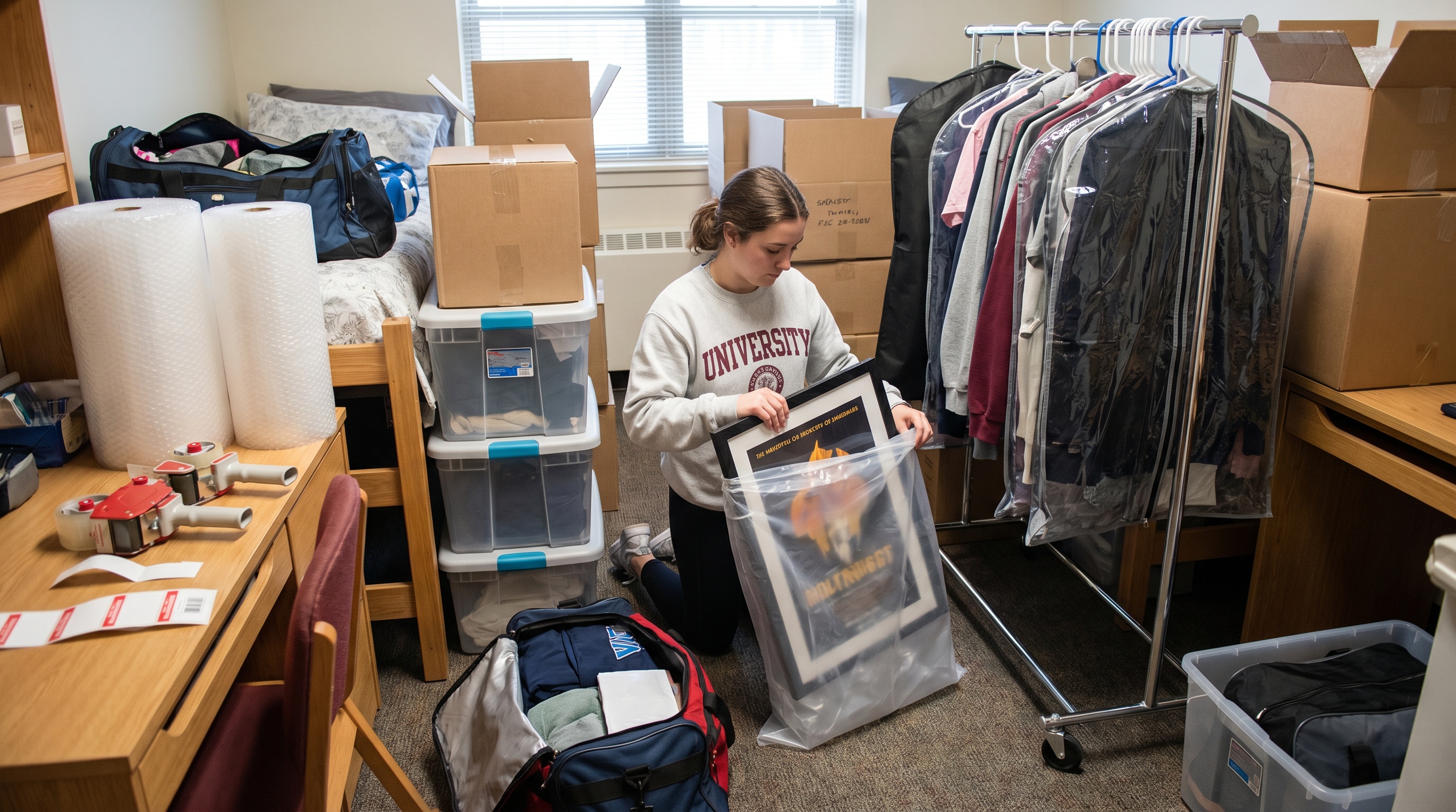 College student packing dorm room with protective bags